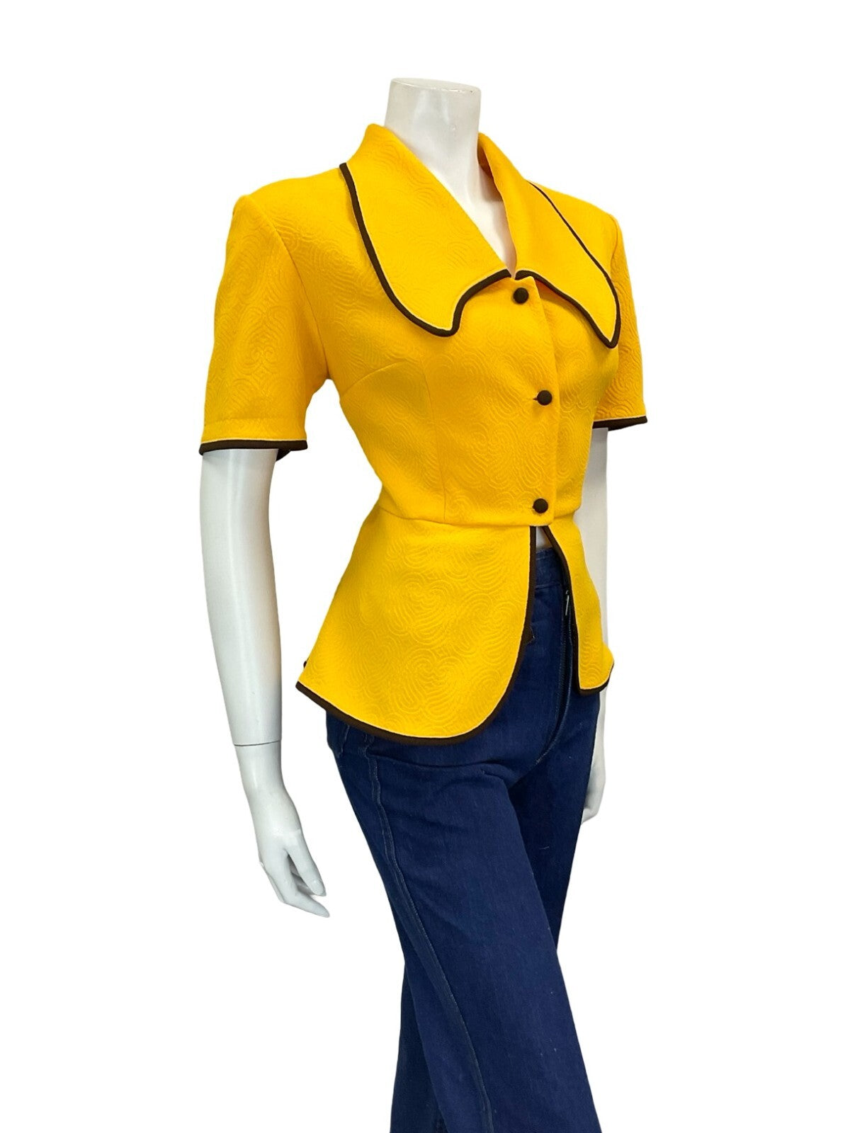 VTG 60S 70S TAILORED WAITRESS YELLOW BROWN DOG EAR CROPPED PEPLUM SHIRT 12