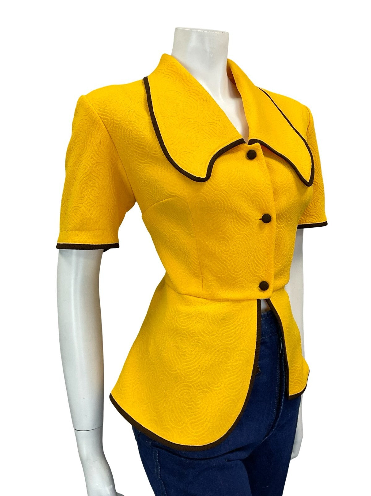 VTG 60S 70S TAILORED WAITRESS YELLOW BROWN DOG EAR CROPPED PEPLUM SHIRT 12