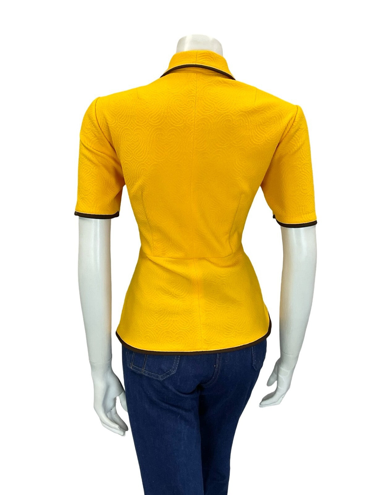 VTG 60S 70S TAILORED WAITRESS YELLOW BROWN DOG EAR CROPPED PEPLUM SHIRT 12