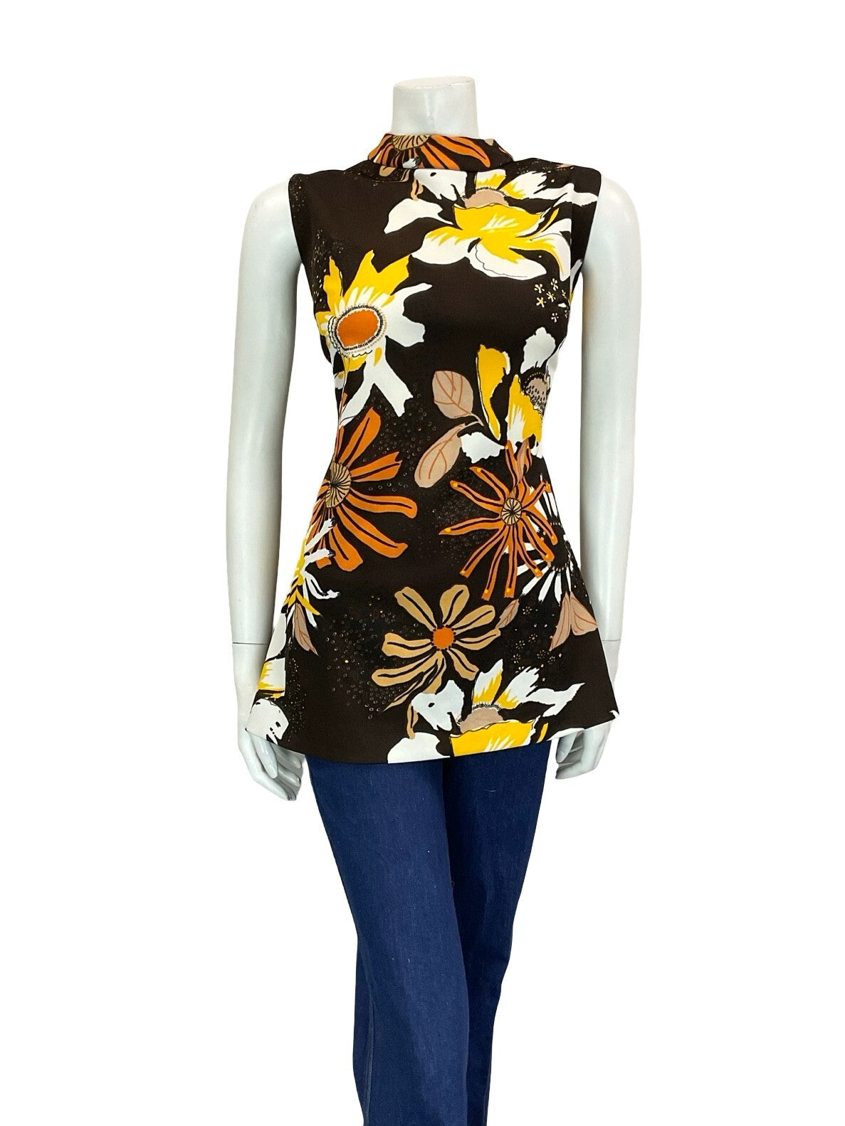 VTG 60S 70S MOD FLORAL BROWN YELLOW WHITE ORANGE PSYCHEDELIC TUNIC TOP 12 14