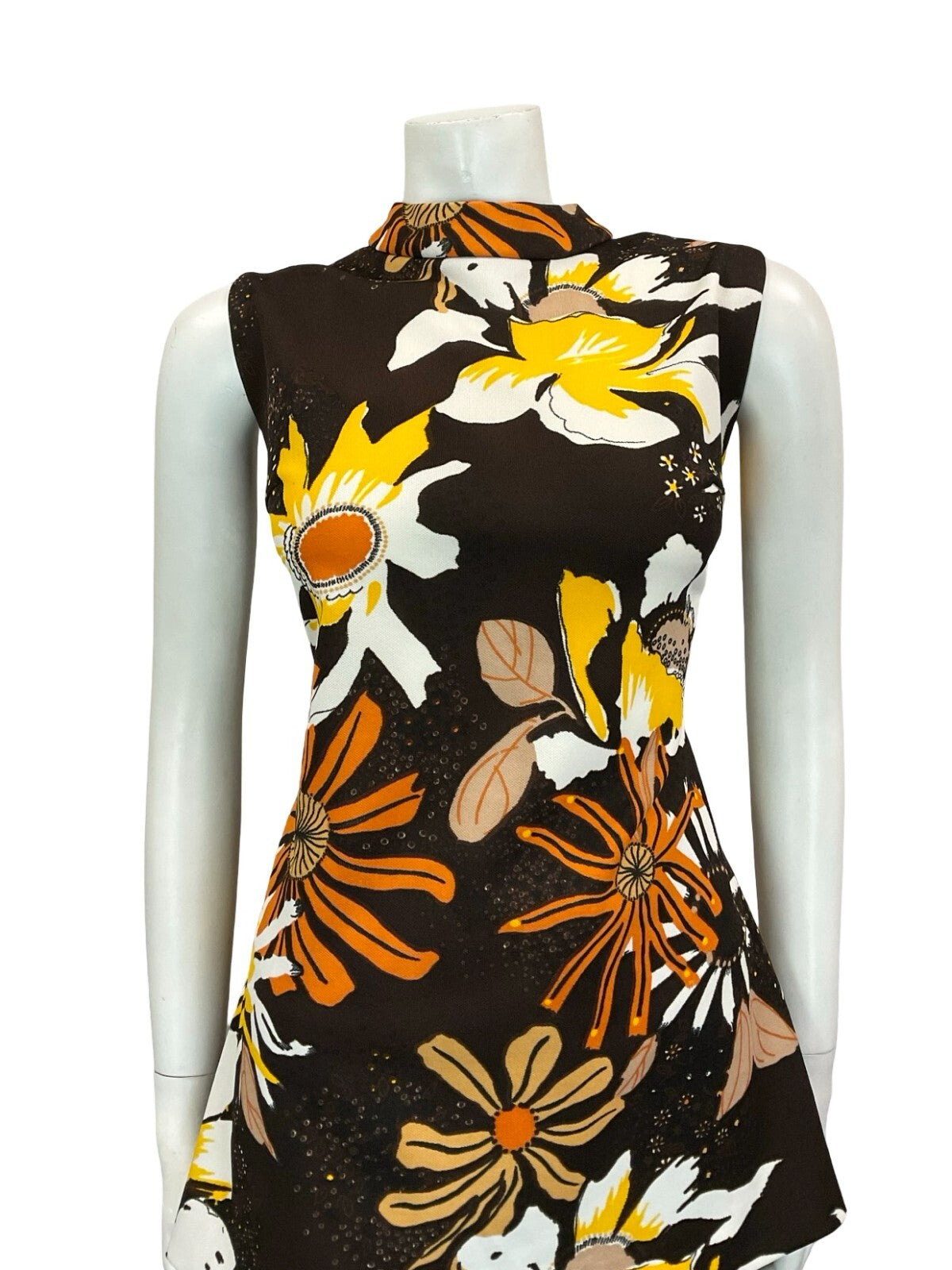 VTG 60S 70S MOD FLORAL BROWN YELLOW WHITE ORANGE PSYCHEDELIC TUNIC TOP 12 14
