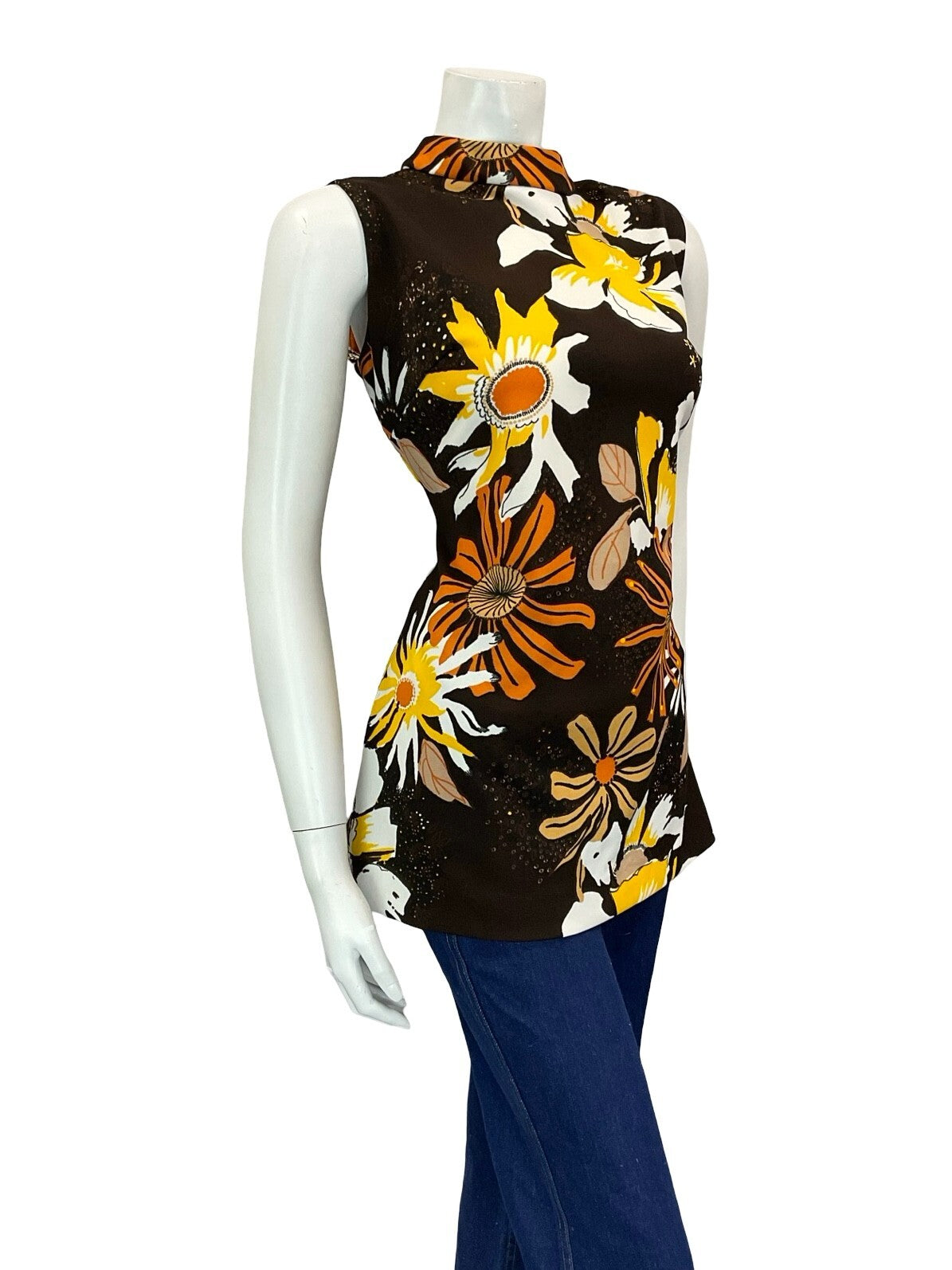 VTG 60S 70S MOD FLORAL BROWN YELLOW WHITE ORANGE PSYCHEDELIC TUNIC TOP 12 14