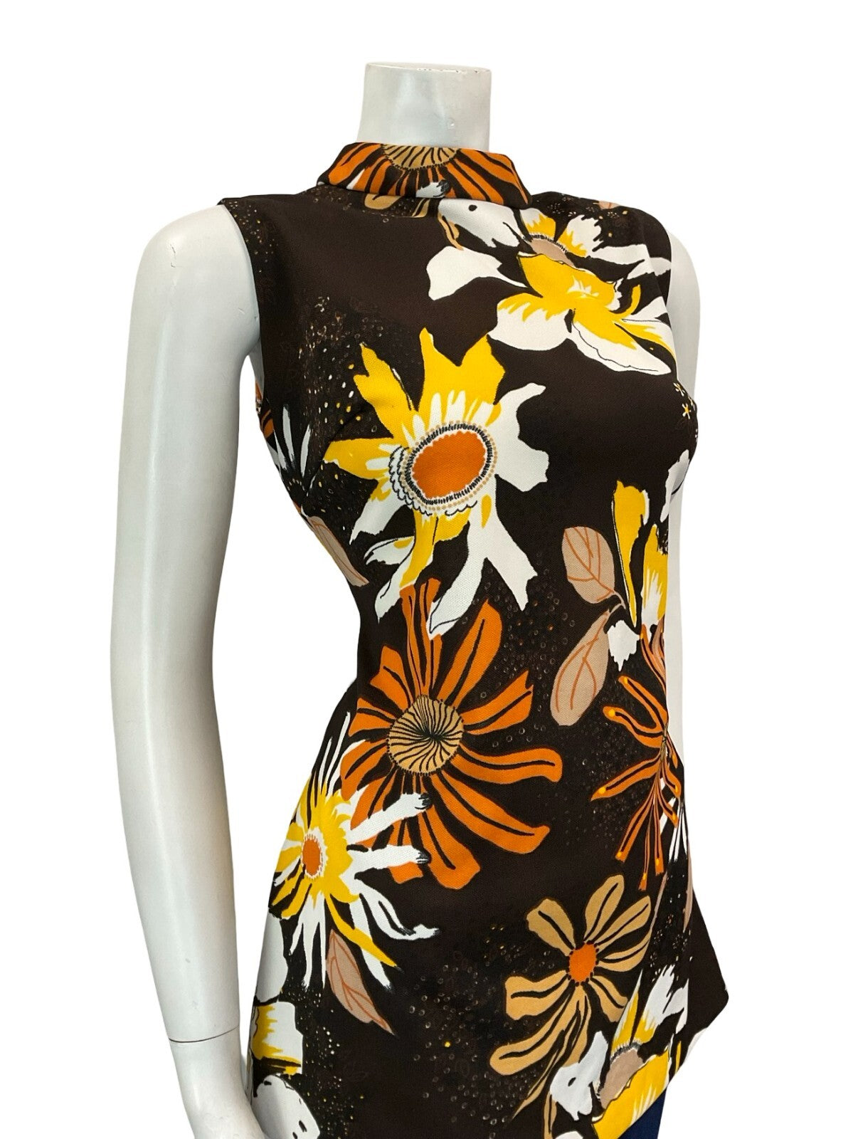 VTG 60S 70S MOD FLORAL BROWN YELLOW WHITE ORANGE PSYCHEDELIC TUNIC TOP 12 14