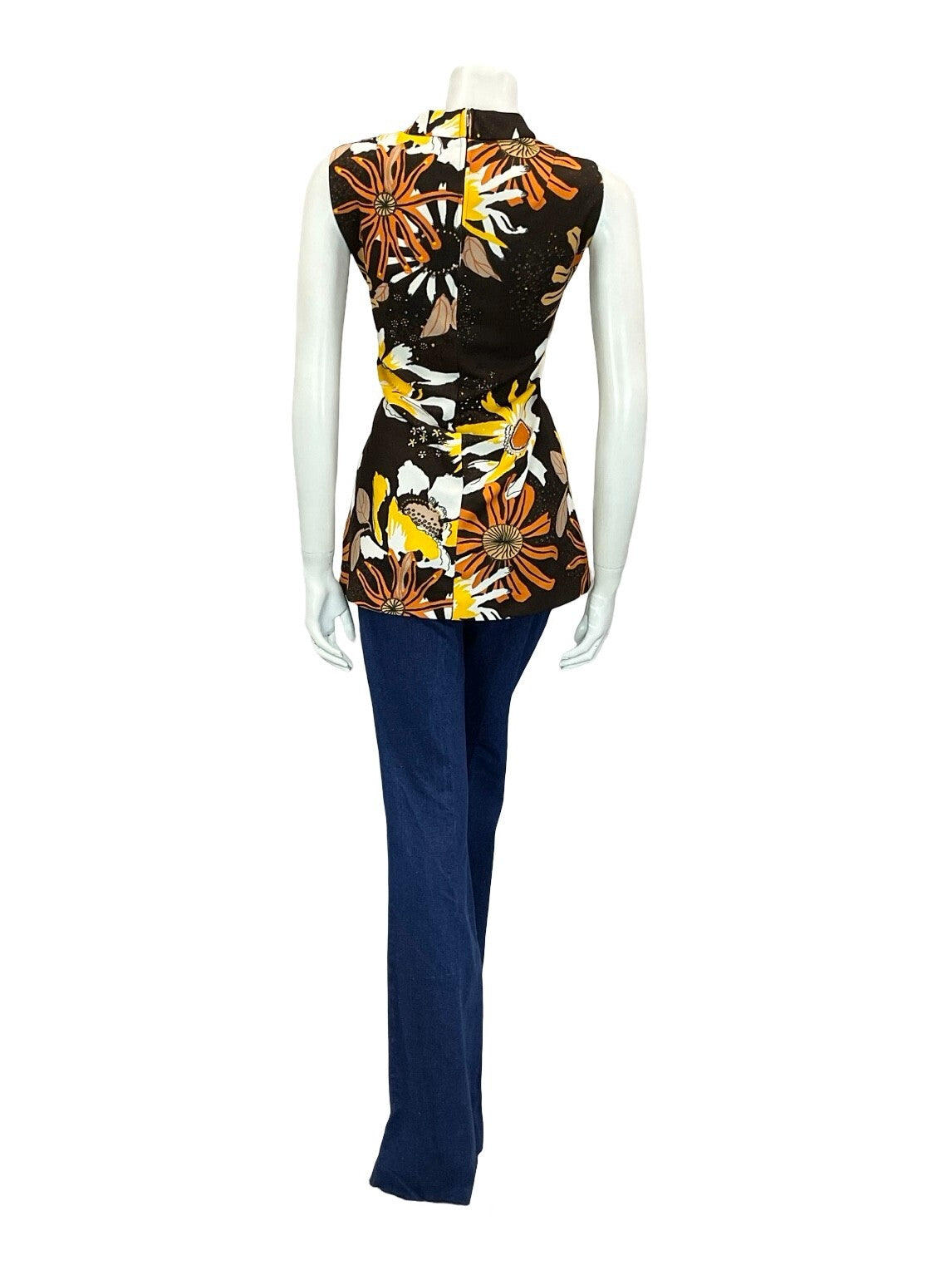 VTG 60S 70S MOD FLORAL BROWN YELLOW WHITE ORANGE PSYCHEDELIC TUNIC TOP 12 14