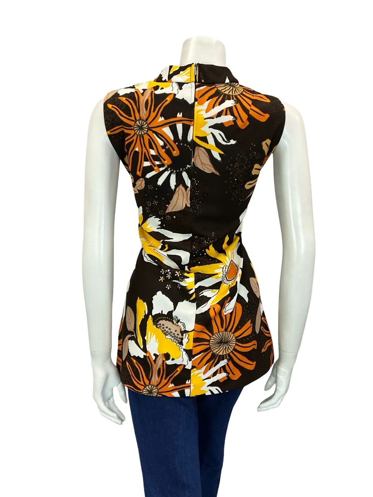 VTG 60S 70S MOD FLORAL BROWN YELLOW WHITE ORANGE PSYCHEDELIC TUNIC TOP 12 14