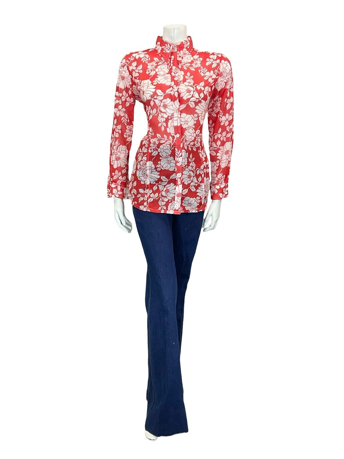 VTG 60S 70S PSYCHEDELIC BRIGHT RED WHITE FLORAL PETITE DAGGER COLLAR SHIRT 12