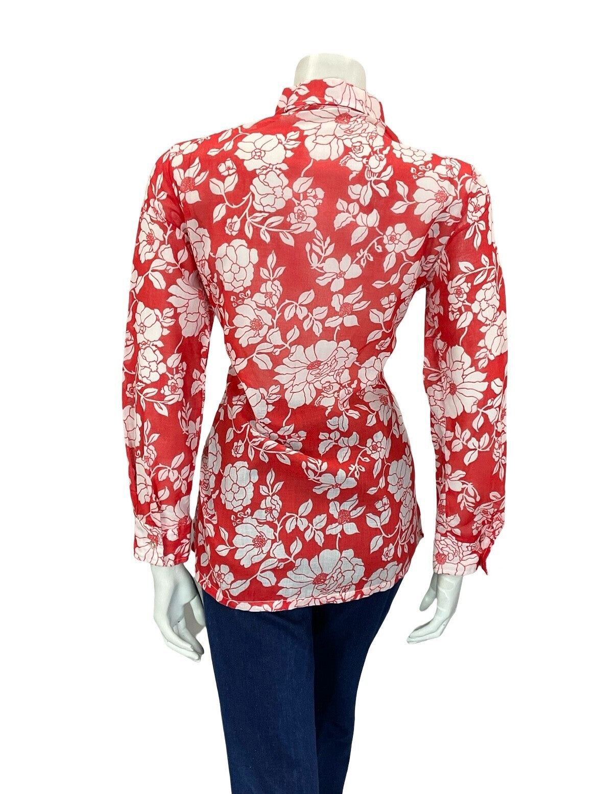 VTG 60S 70S PSYCHEDELIC BRIGHT RED WHITE FLORAL PETITE DAGGER COLLAR SHIRT 12