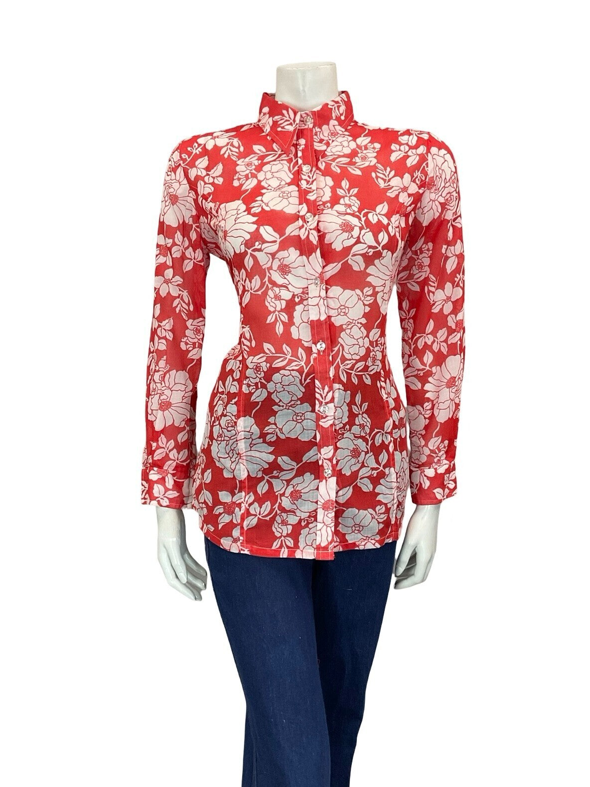 VTG 60S 70S PSYCHEDELIC BRIGHT RED WHITE FLORAL PETITE DAGGER COLLAR SHIRT 12