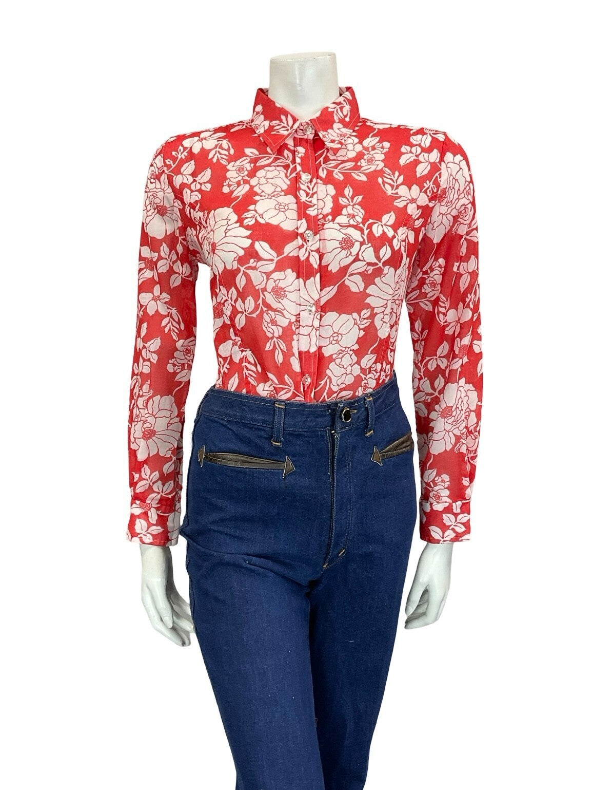 VTG 60S 70S PSYCHEDELIC BRIGHT RED WHITE FLORAL PETITE DAGGER COLLAR SHIRT 12