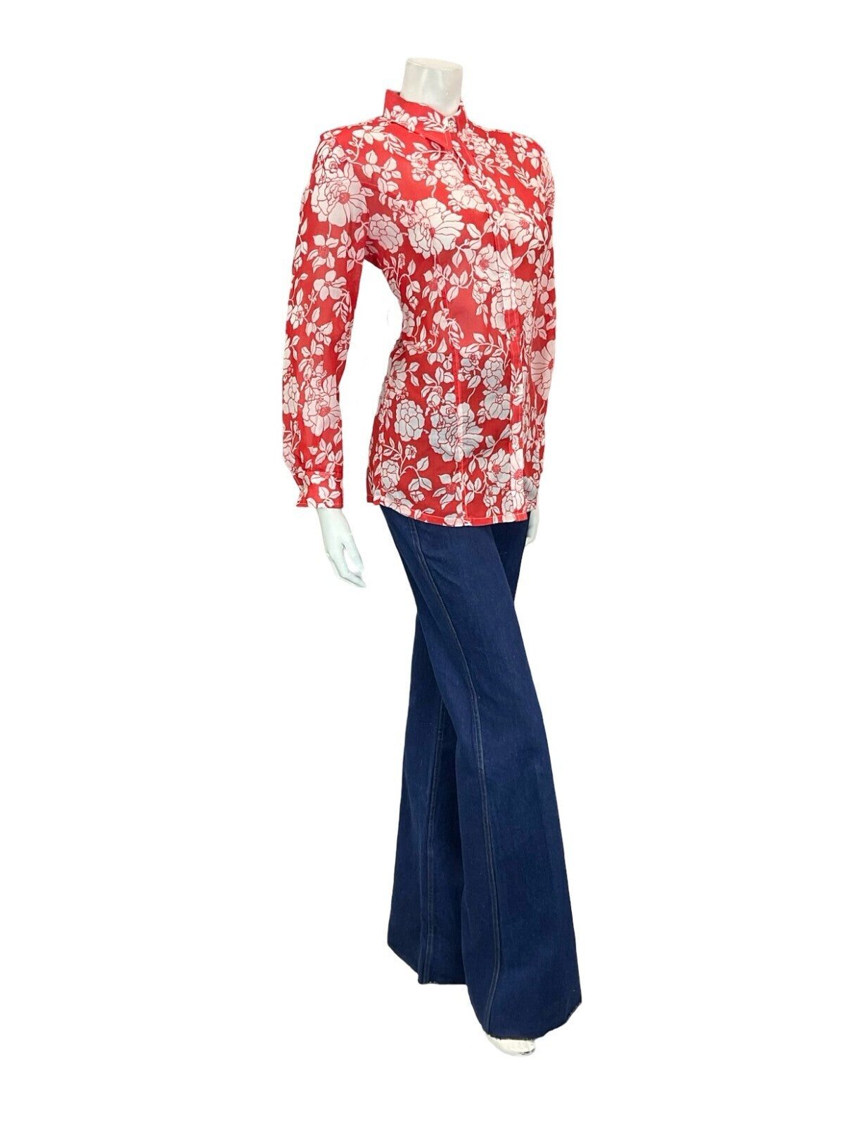 VTG 60S 70S PSYCHEDELIC BRIGHT RED WHITE FLORAL PETITE DAGGER COLLAR SHIRT 12