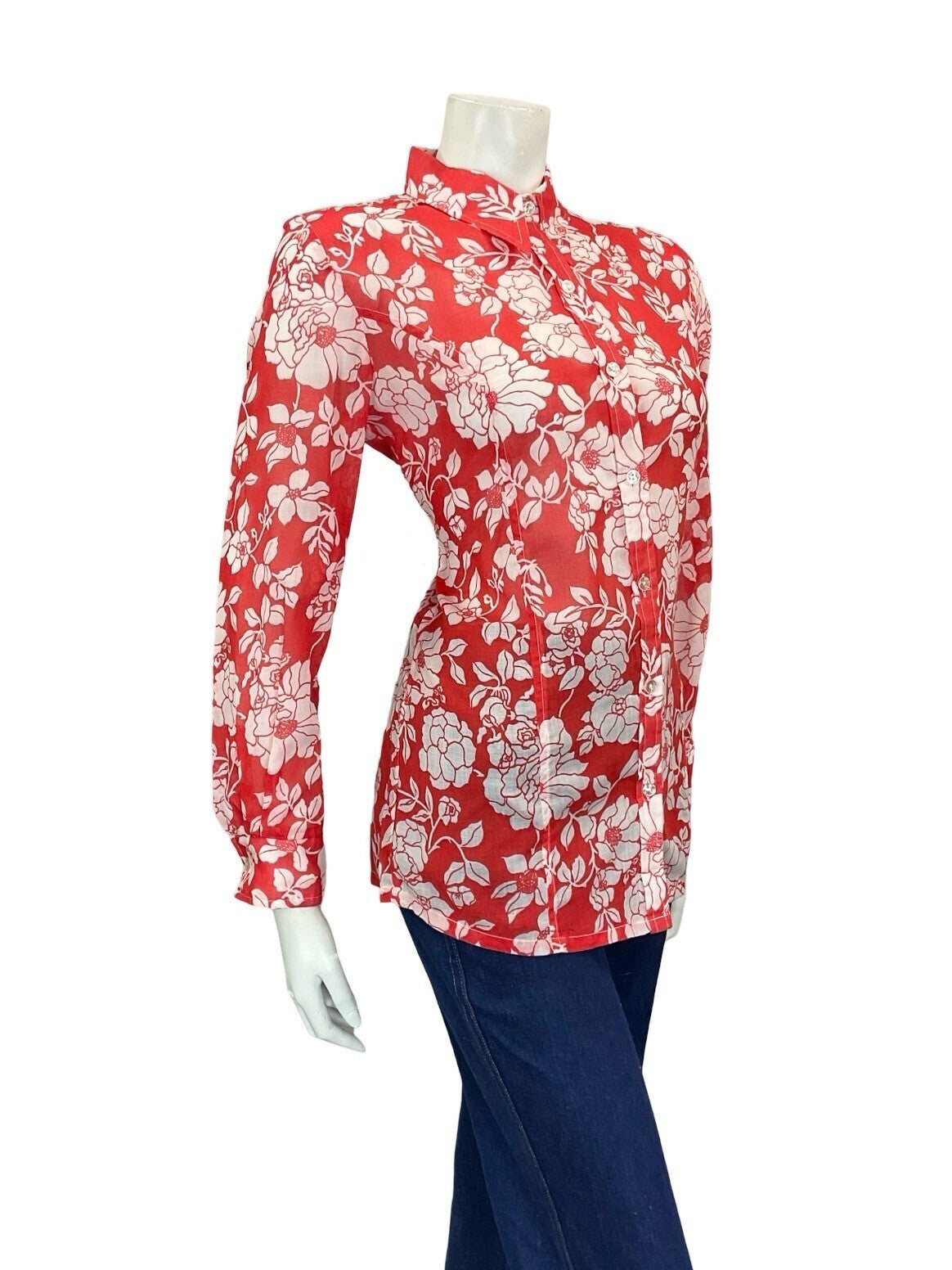 VTG 60S 70S PSYCHEDELIC BRIGHT RED WHITE FLORAL PETITE DAGGER COLLAR SHIRT 12