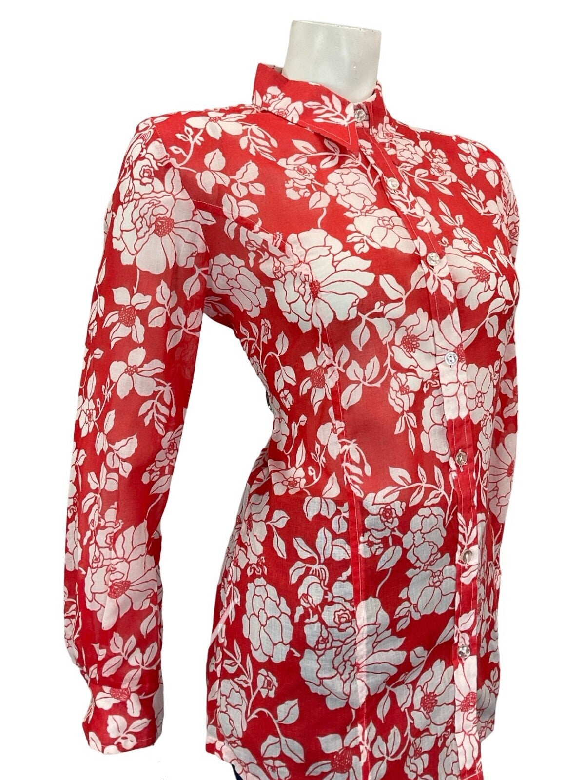 VTG 60S 70S PSYCHEDELIC BRIGHT RED WHITE FLORAL PETITE DAGGER COLLAR SHIRT 12