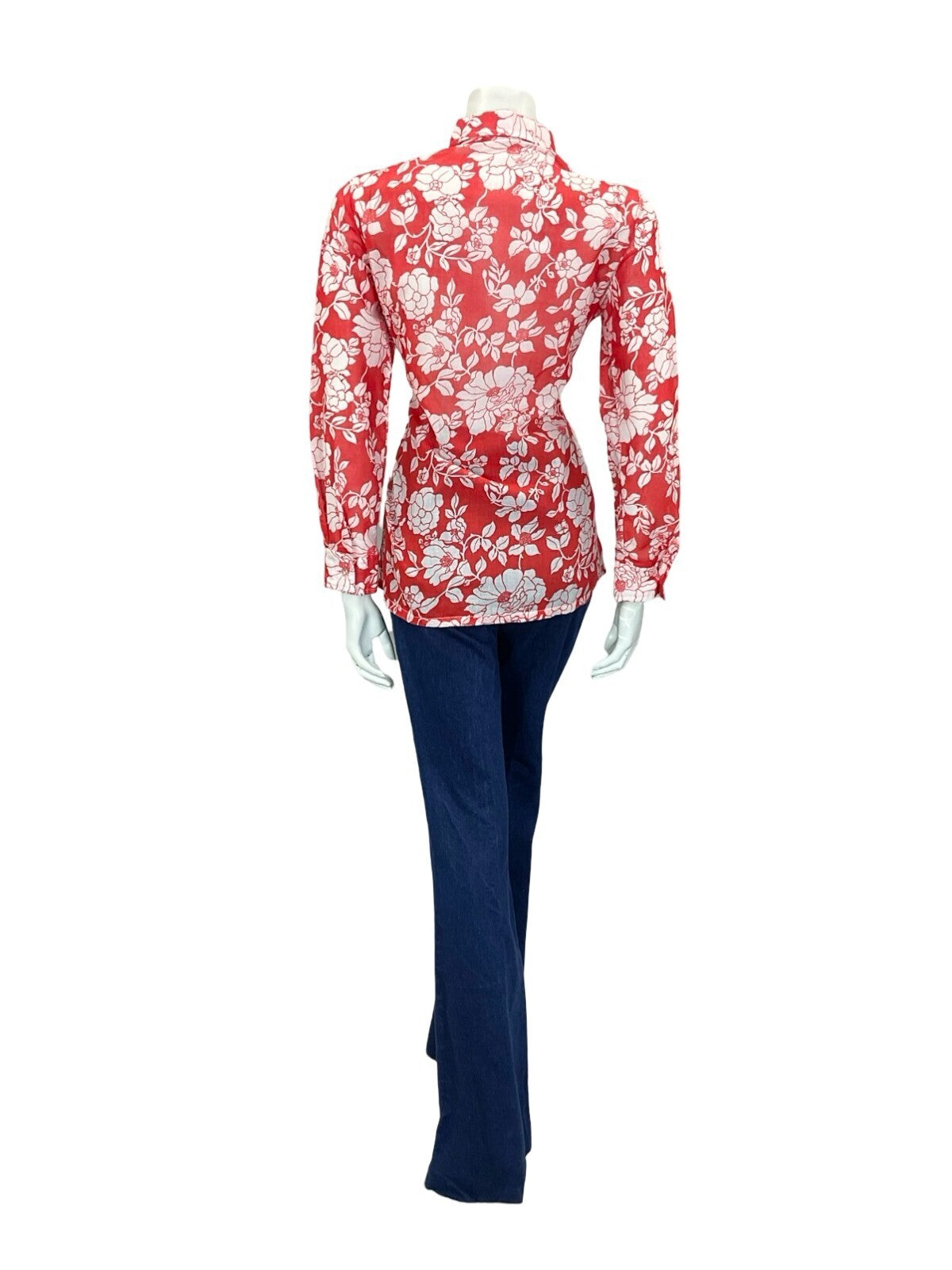 VTG 60S 70S PSYCHEDELIC BRIGHT RED WHITE FLORAL PETITE DAGGER COLLAR SHIRT 12