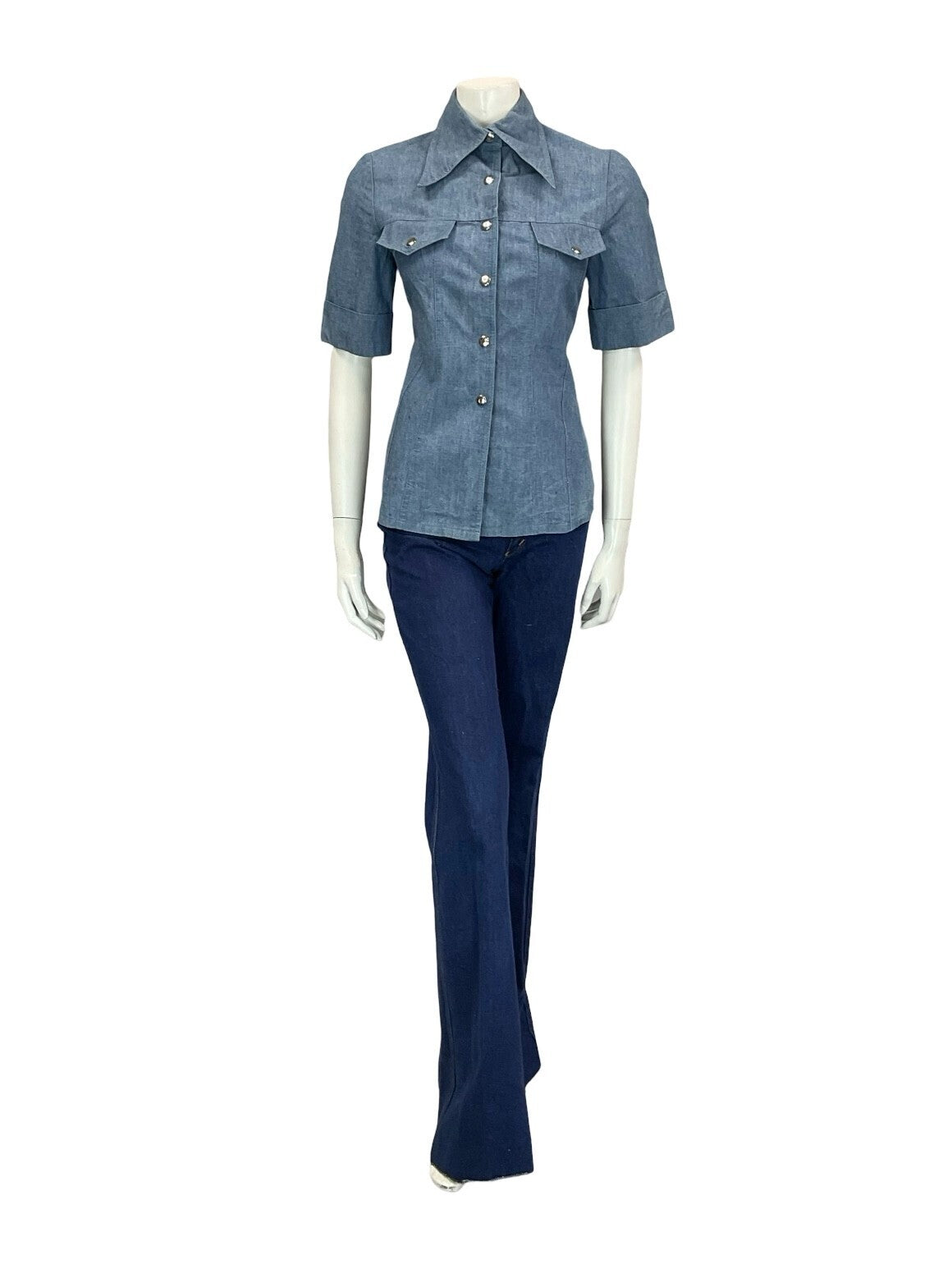 VTG 60S 70S LIGHT BLUE DAGGER COLLAR SHORT SLEEVE POPPER BUTTON DENIM SHIRT 6 XS