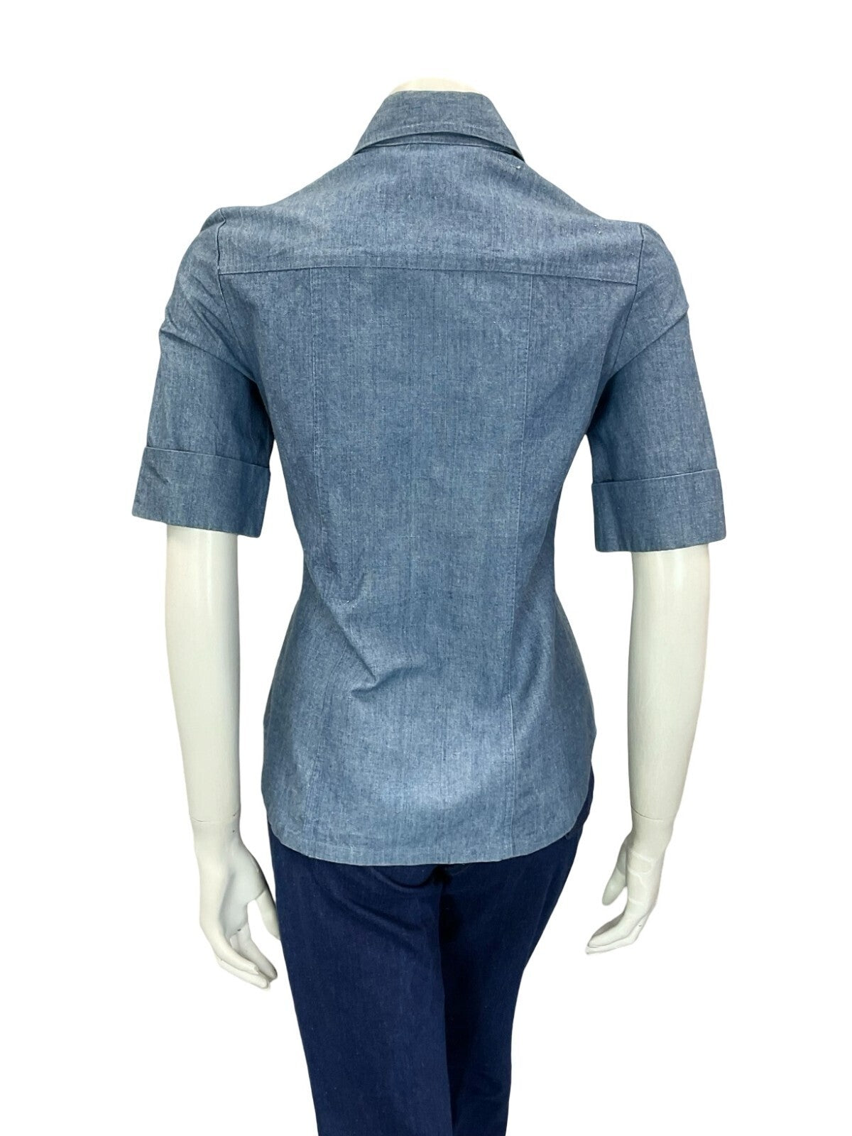 VTG 60S 70S LIGHT BLUE DAGGER COLLAR SHORT SLEEVE POPPER BUTTON DENIM SHIRT 6 XS