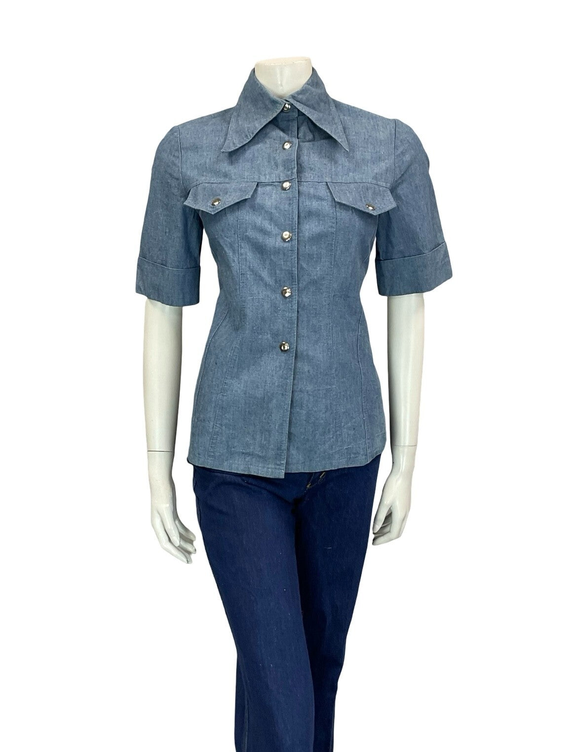 VTG 60S 70S LIGHT BLUE DAGGER COLLAR SHORT SLEEVE POPPER BUTTON DENIM SHIRT 6 XS