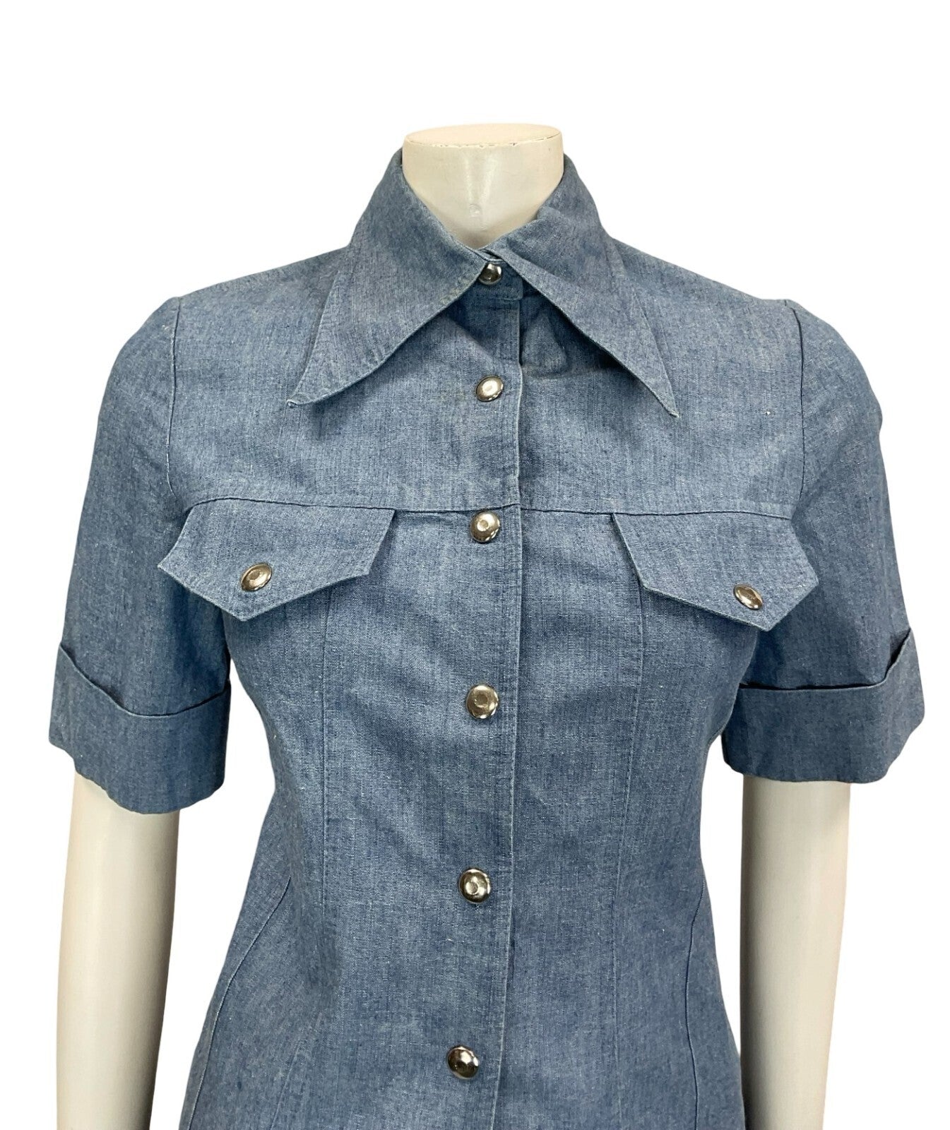 VTG 60S 70S LIGHT BLUE DAGGER COLLAR SHORT SLEEVE POPPER BUTTON DENIM SHIRT 6 XS