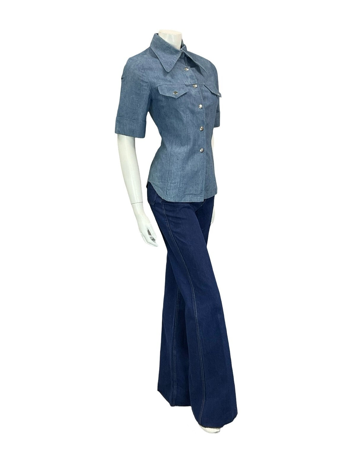 VTG 60S 70S LIGHT BLUE DAGGER COLLAR SHORT SLEEVE POPPER BUTTON DENIM SHIRT 6 XS