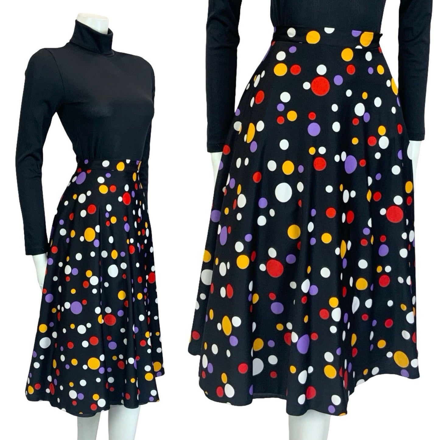 VTG 60S 70S BLACK YELLOW WHITE RED GEOMETRIC DOTTY SPOT MIDI A LINE SKIRT 10