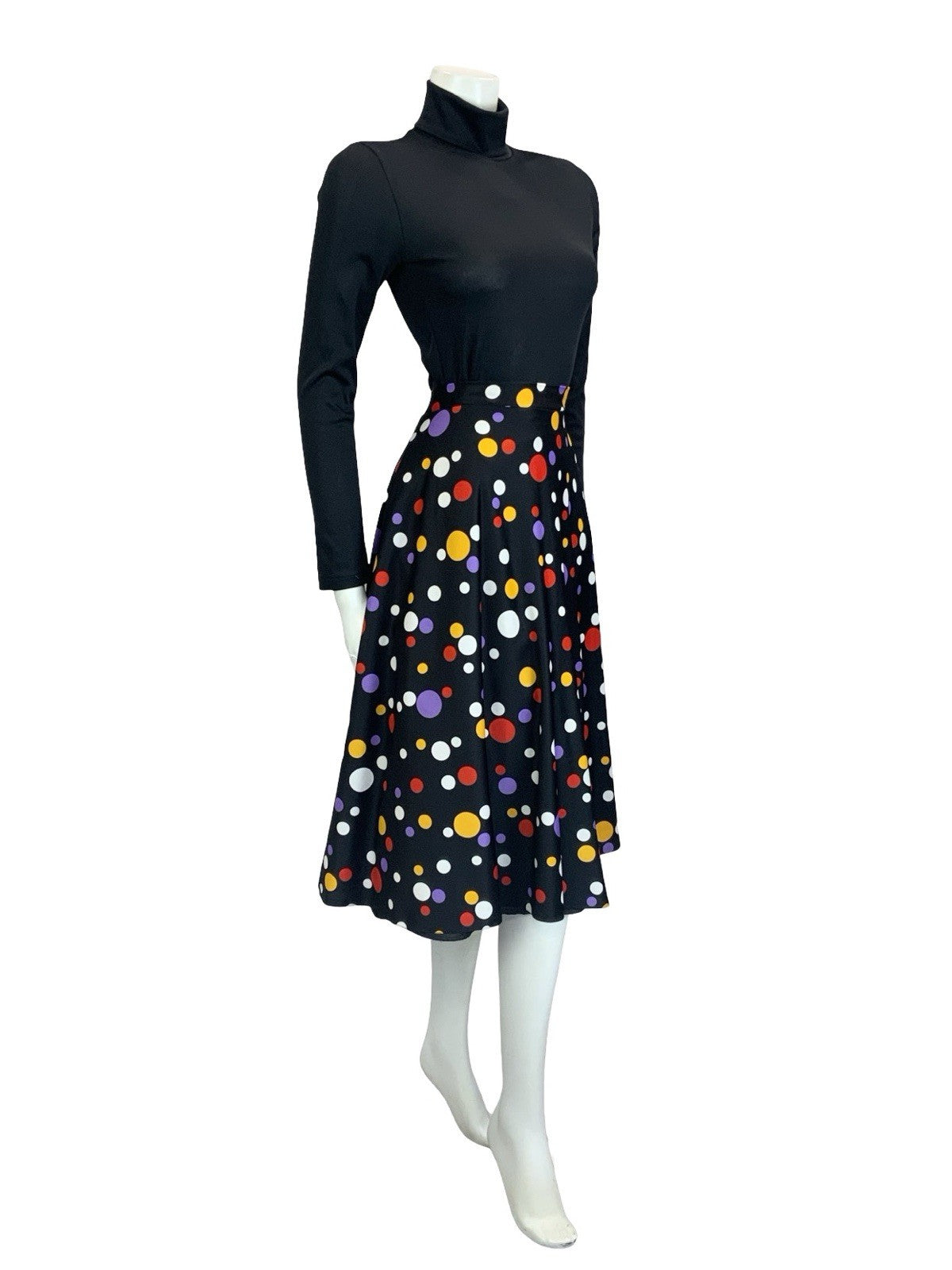 VTG 60S 70S BLACK YELLOW WHITE RED GEOMETRIC DOTTY SPOT MIDI A LINE SKIRT 10