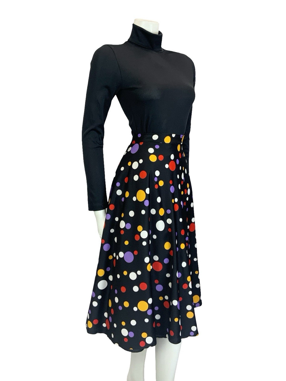 VTG 60S 70S BLACK YELLOW WHITE RED GEOMETRIC DOTTY SPOT MIDI A LINE SKIRT 10