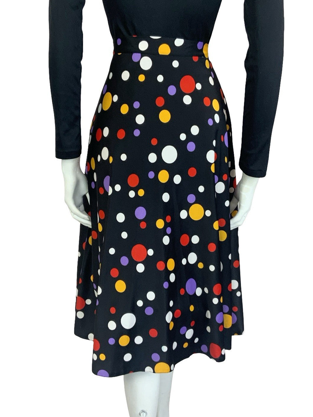 VTG 60S 70S BLACK YELLOW WHITE RED GEOMETRIC DOTTY SPOT MIDI A LINE SKIRT 10