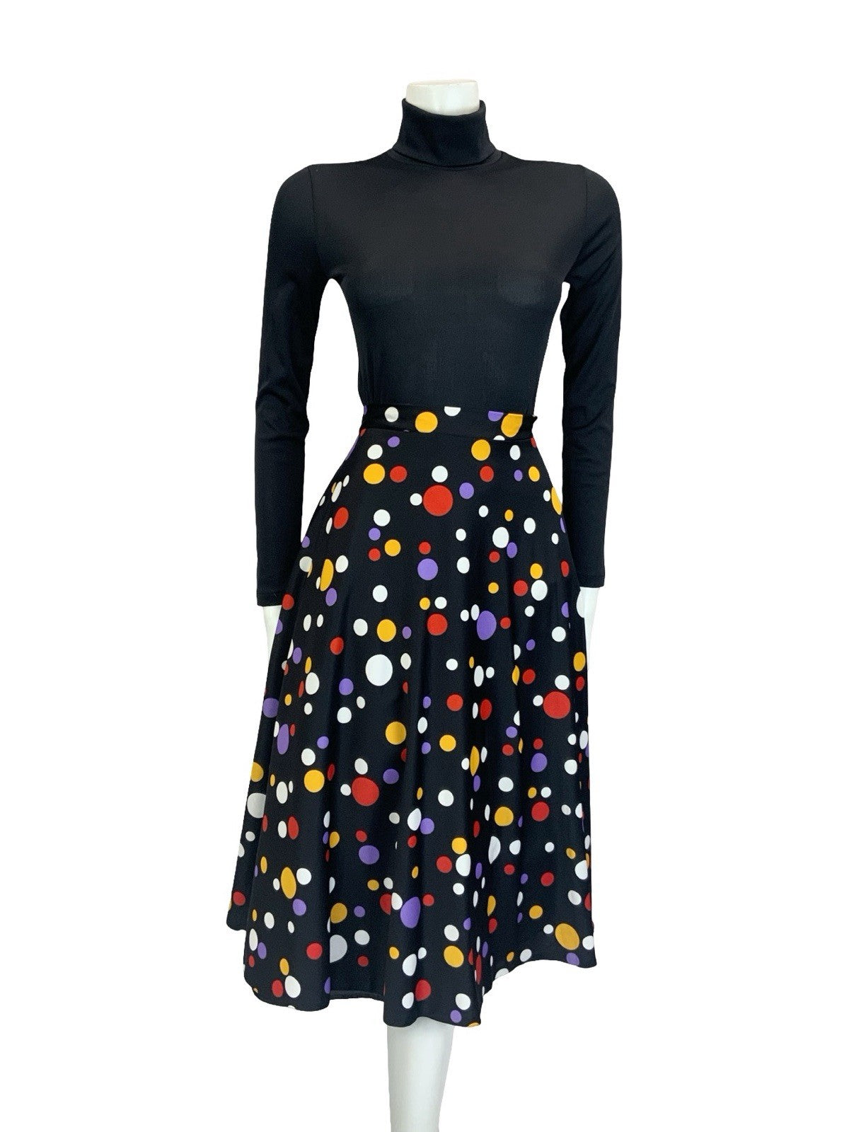 VTG 60S 70S BLACK YELLOW WHITE RED GEOMETRIC DOTTY SPOT MIDI A LINE SKIRT 10