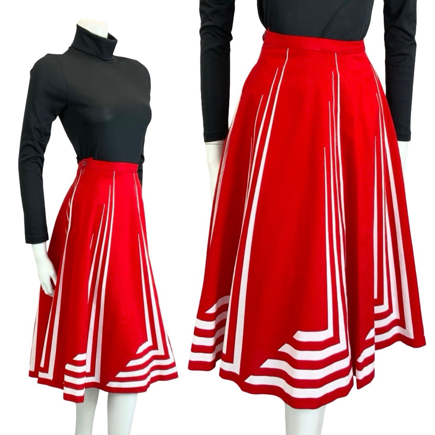 VTG 60S 70S RED WHITE STRIPE GEOMETRIC MOD A LINE MIDI SKIRT 14