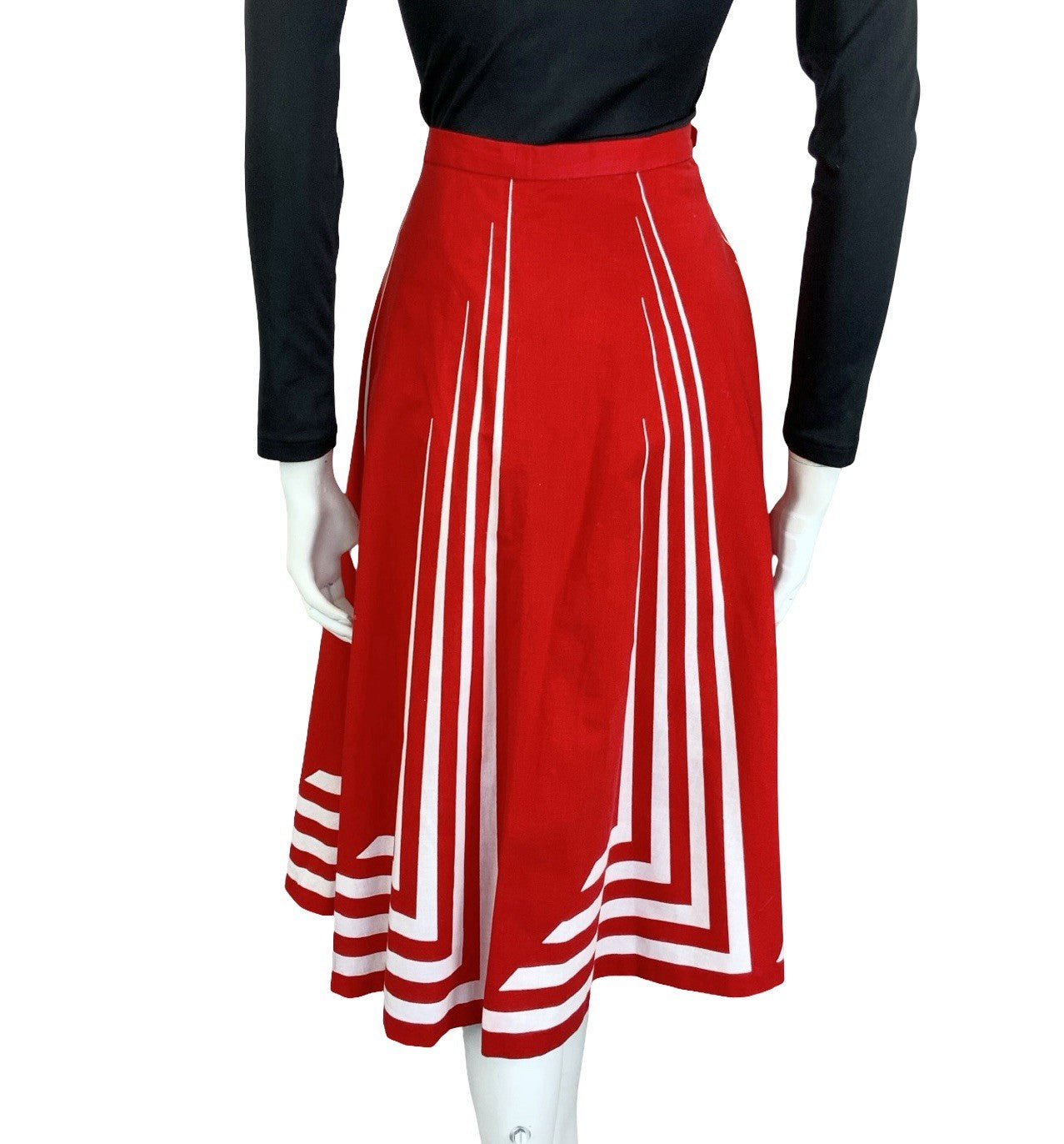 VTG 60S 70S RED WHITE STRIPE GEOMETRIC MOD A LINE MIDI SKIRT 14