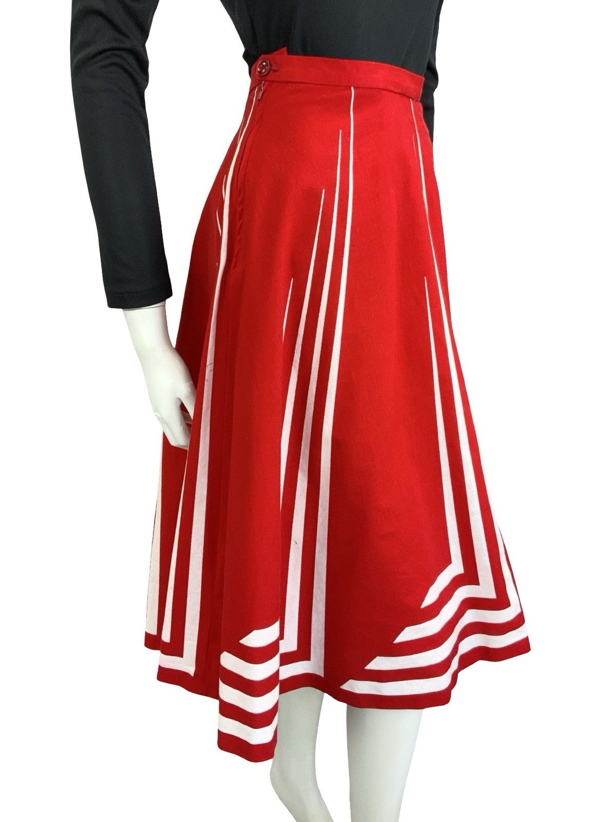 VTG 60S 70S RED WHITE STRIPE GEOMETRIC MOD A LINE MIDI SKIRT 14