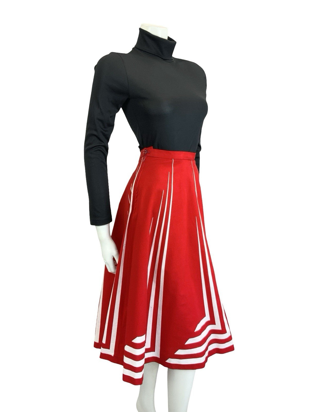 VTG 60S 70S RED WHITE STRIPE GEOMETRIC MOD A LINE MIDI SKIRT 14