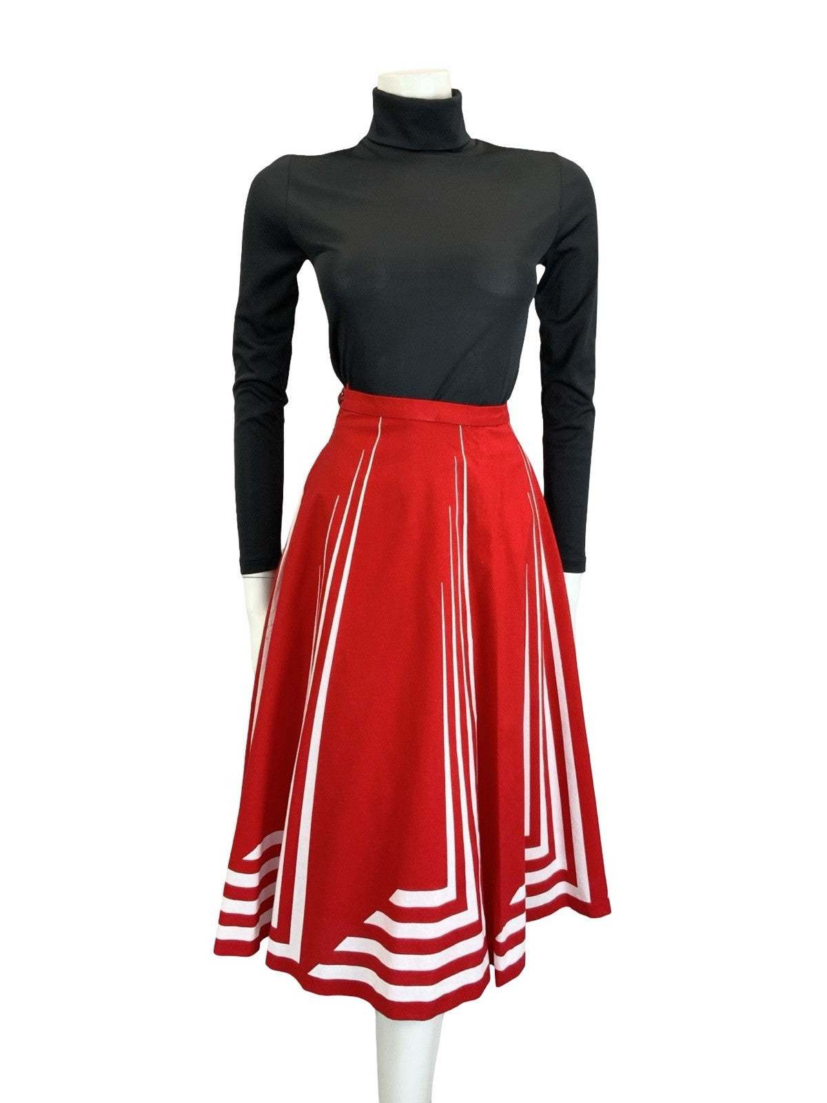 VTG 60S 70S RED WHITE STRIPE GEOMETRIC MOD A LINE MIDI SKIRT 14