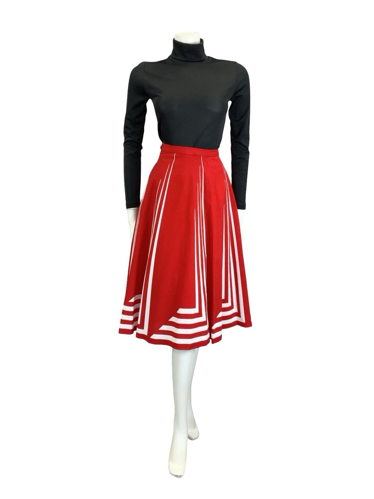 VTG 60S 70S RED WHITE STRIPE GEOMETRIC MOD A LINE MIDI SKIRT 14
