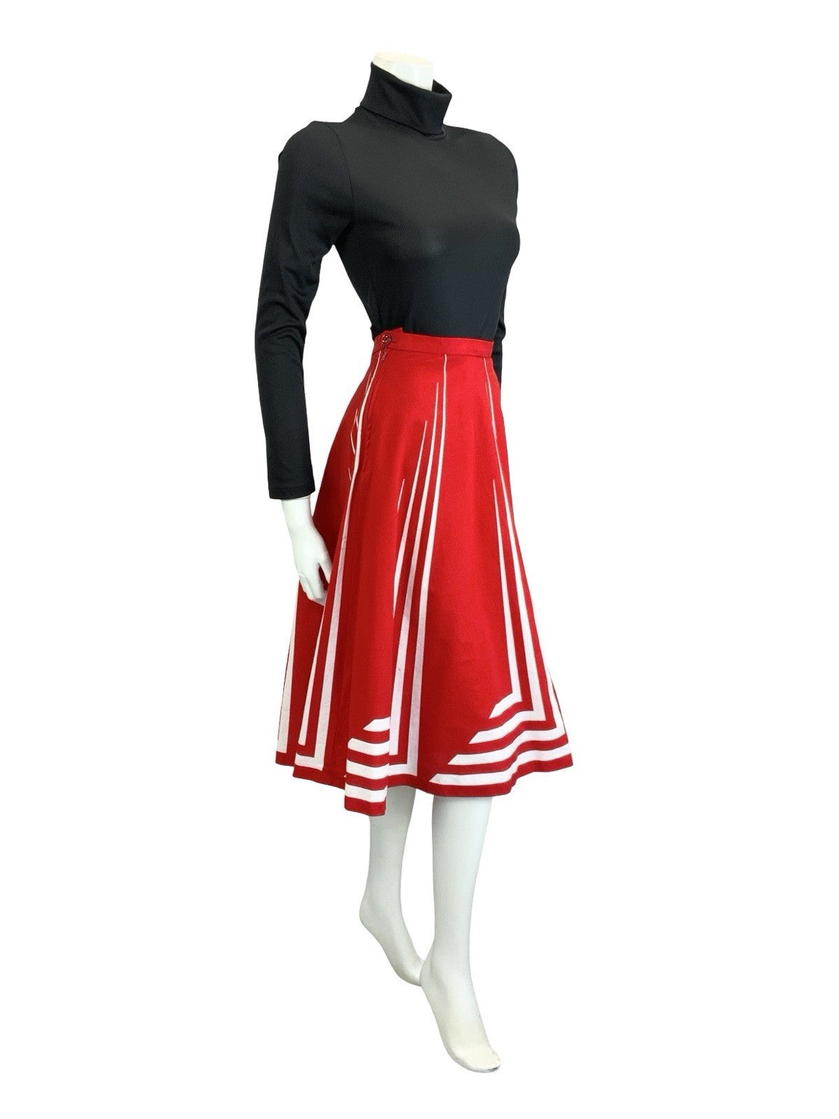 VTG 60S 70S RED WHITE STRIPE GEOMETRIC MOD A LINE MIDI SKIRT 14