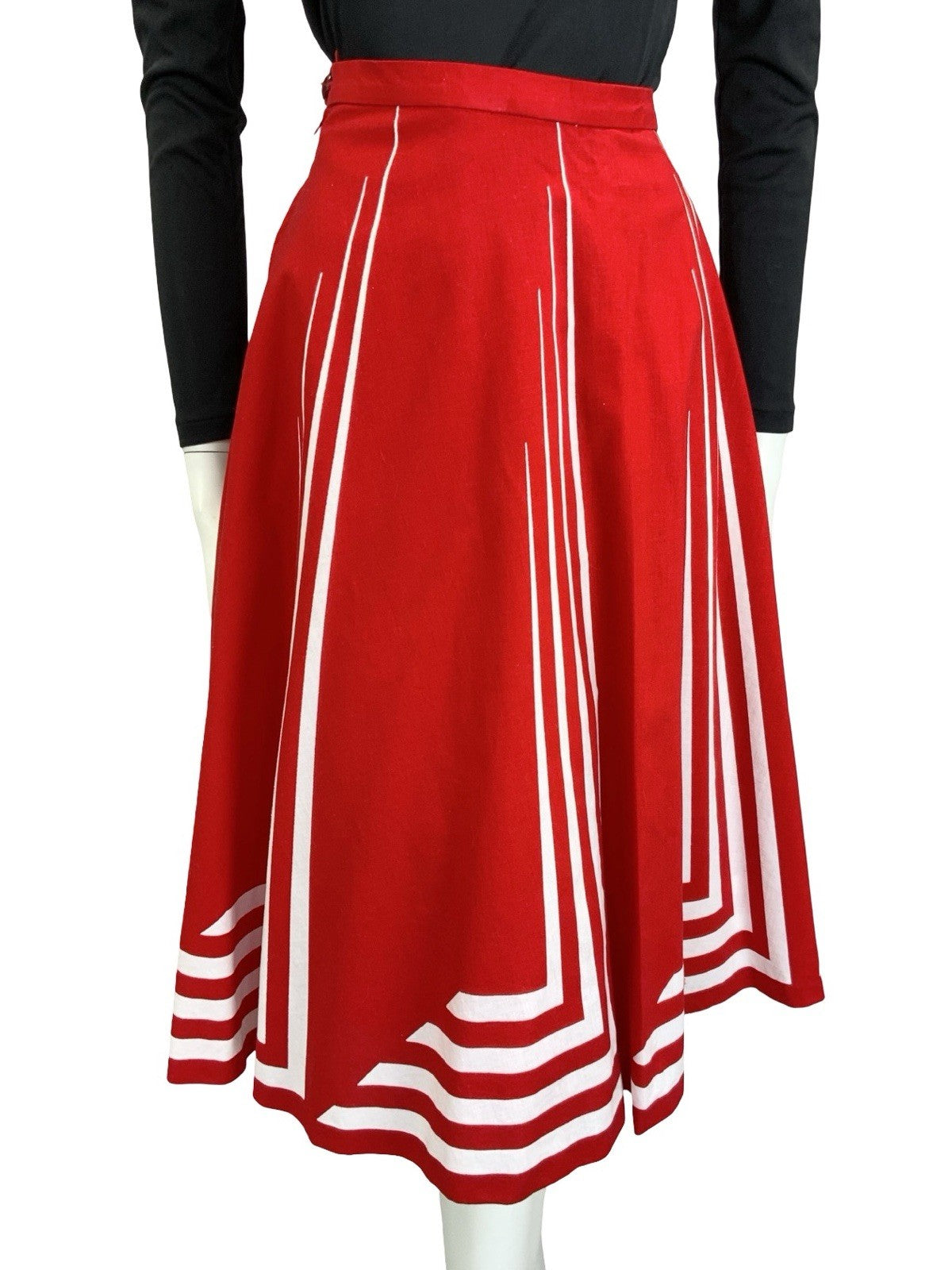 VTG 60S 70S RED WHITE STRIPE GEOMETRIC MOD A LINE MIDI SKIRT 14