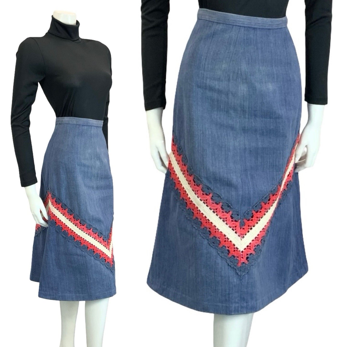 VTG 60S 70S BLUE RED WHITE DENIM CROCHETED A LINE BOHO HIPPY MIDI SKIRT 4