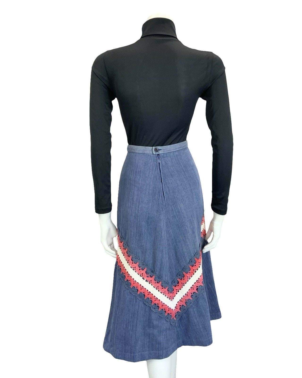 VTG 60S 70S BLUE RED WHITE DENIM CROCHETED A LINE BOHO HIPPY MIDI SKIRT 4