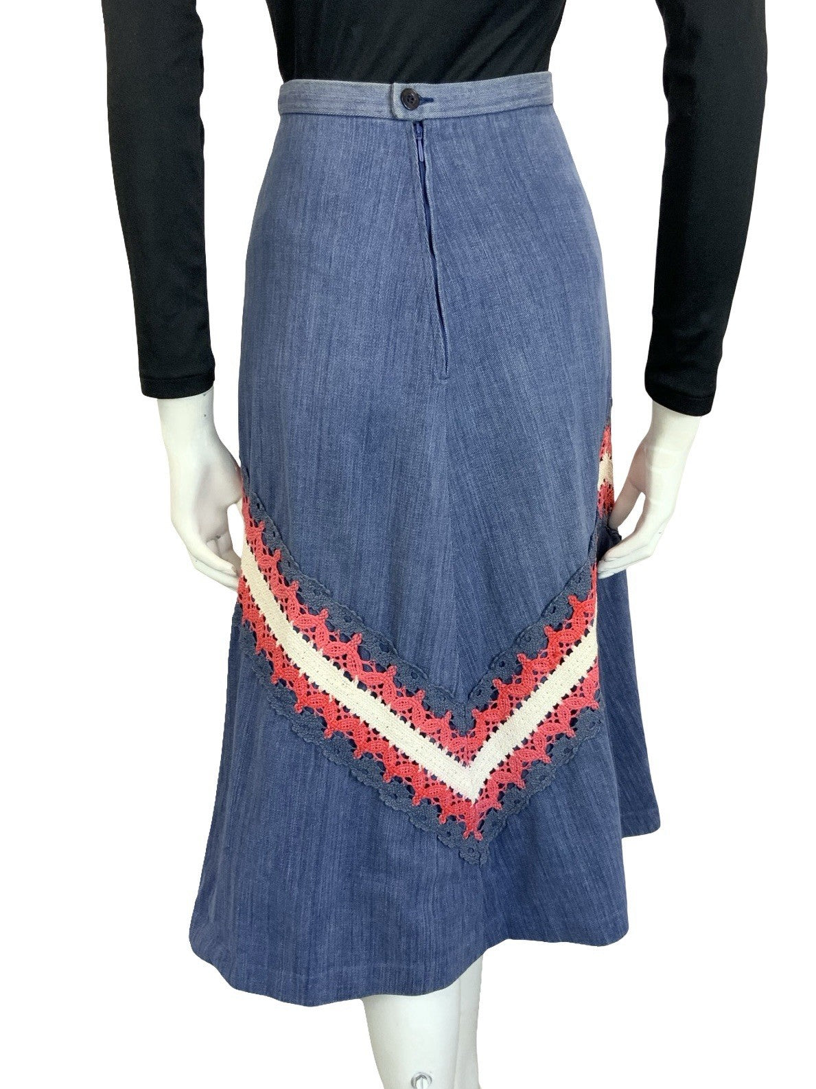 VTG 60S 70S BLUE RED WHITE DENIM CROCHETED A LINE BOHO HIPPY MIDI SKIRT 4