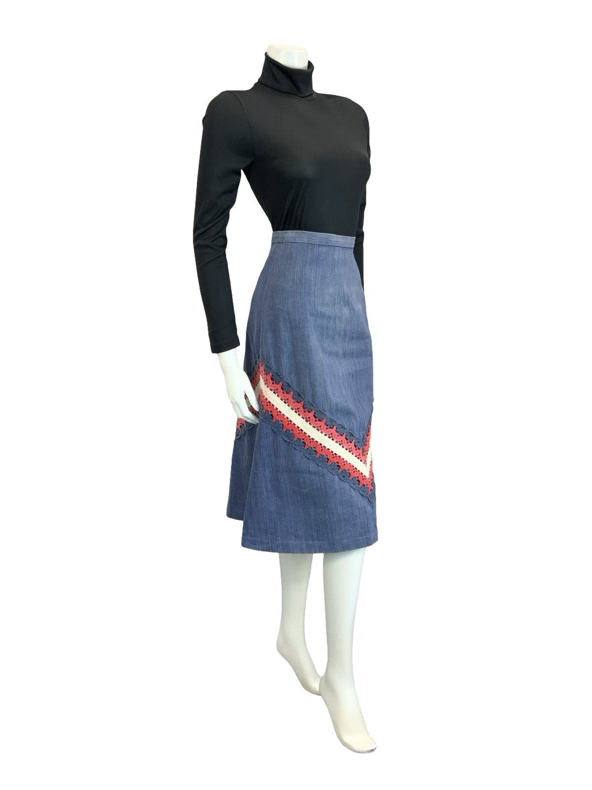 VTG 60S 70S BLUE RED WHITE DENIM CROCHETED A LINE BOHO HIPPY MIDI SKIRT 4