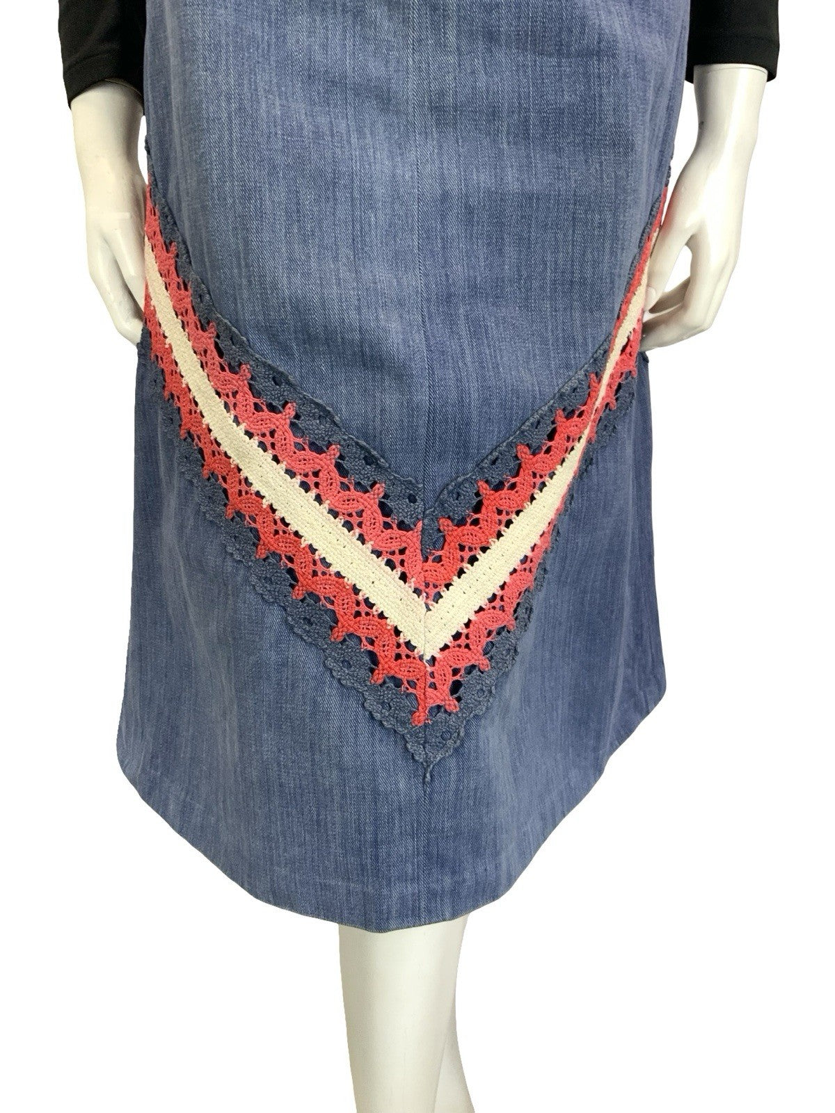 VTG 60S 70S BLUE RED WHITE DENIM CROCHETED A LINE BOHO HIPPY MIDI SKIRT 4