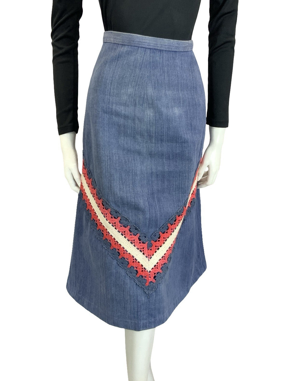 VTG 60S 70S BLUE RED WHITE DENIM CROCHETED A LINE BOHO HIPPY MIDI SKIRT 4