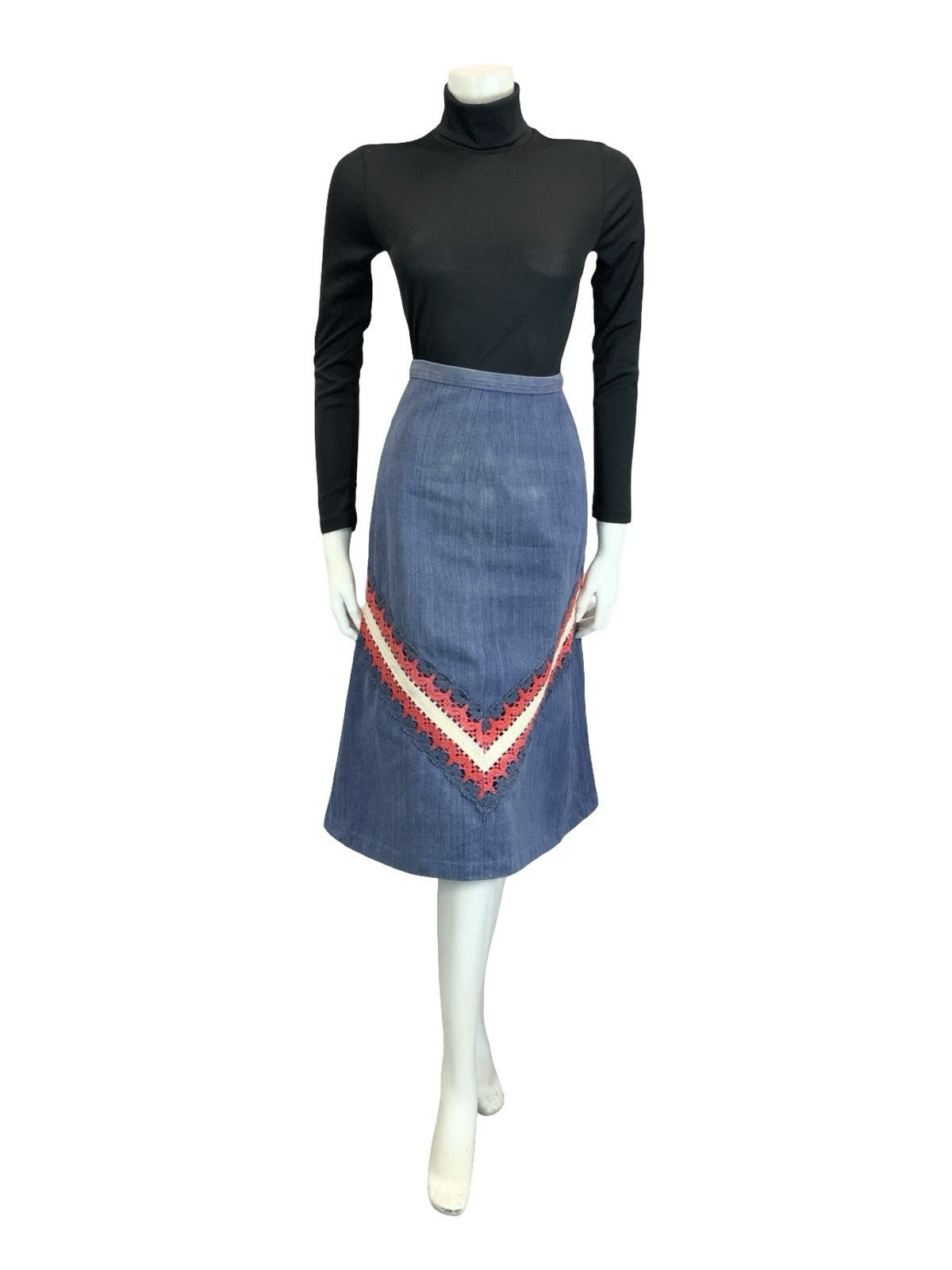 VTG 60S 70S BLUE RED WHITE DENIM CROCHETED A LINE BOHO HIPPY MIDI SKIRT 4