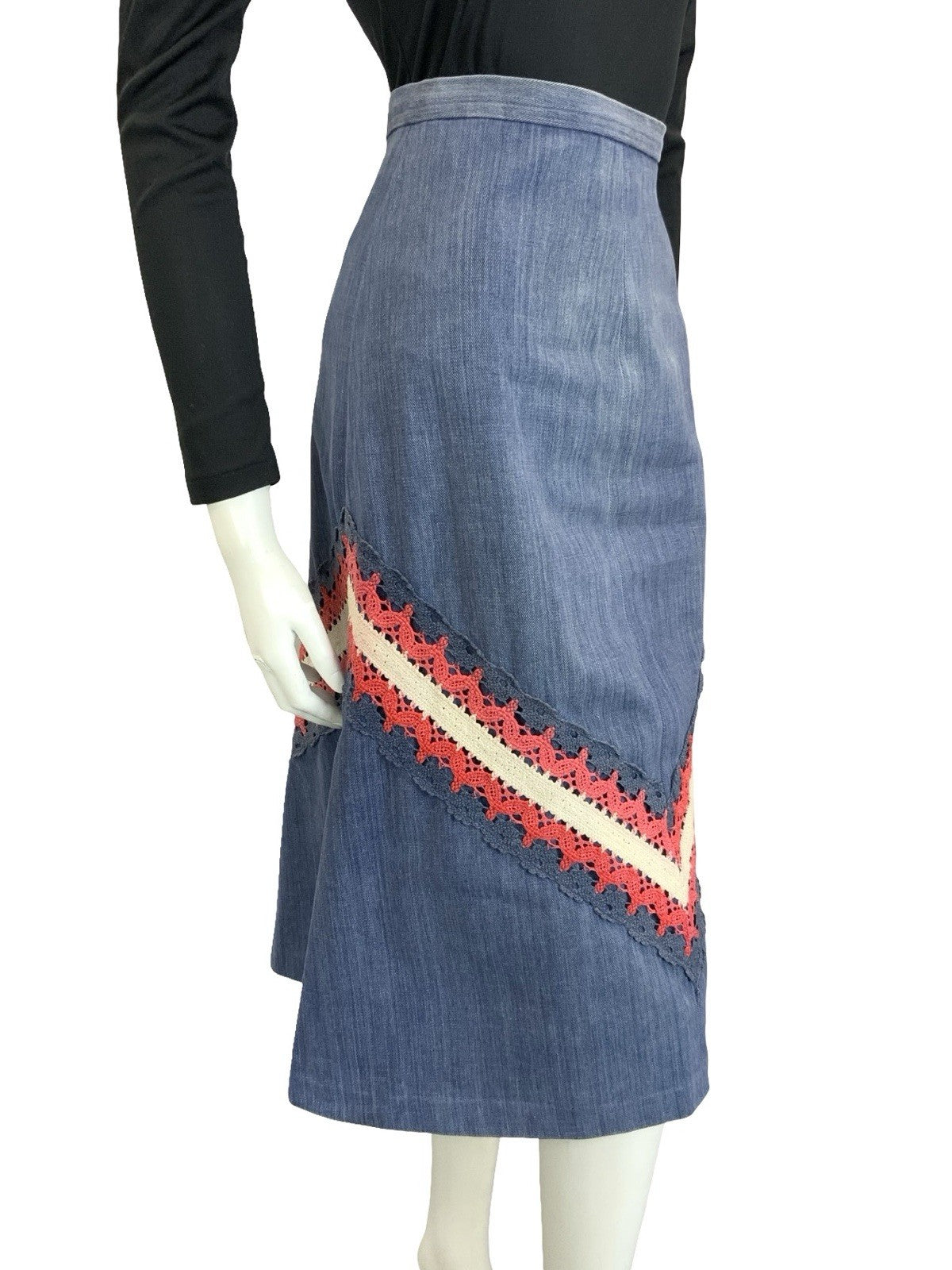 VTG 60S 70S BLUE RED WHITE DENIM CROCHETED A LINE BOHO HIPPY MIDI SKIRT 4