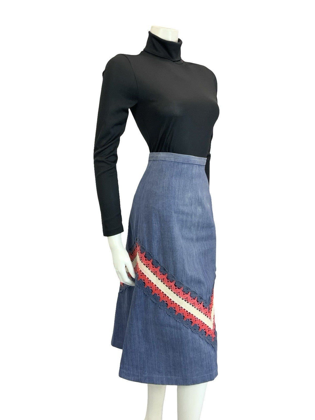 VTG 60S 70S BLUE RED WHITE DENIM CROCHETED A LINE BOHO HIPPY MIDI SKIRT 4