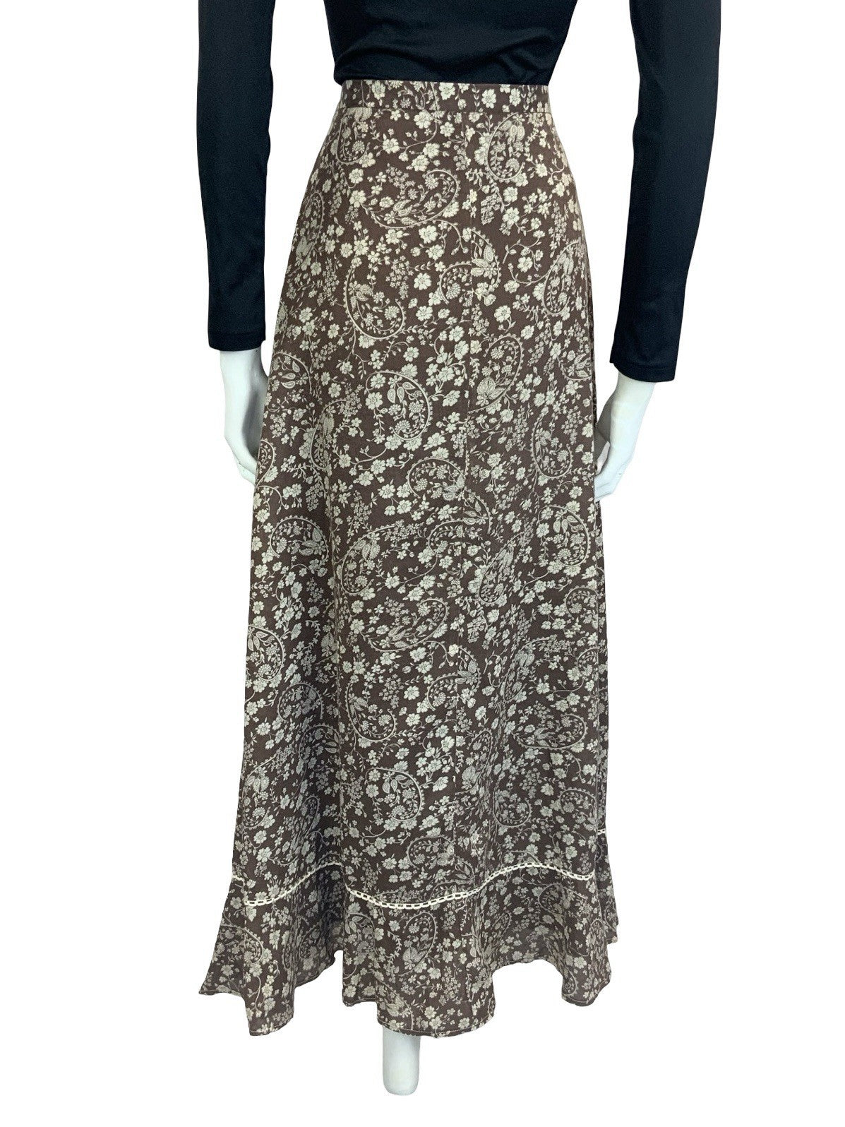 VTG 70S BROWN CREAM WHITE BOHO BETTY BARCLAY FLORAL SWIRL CROCHET MAXI SKIRT 6