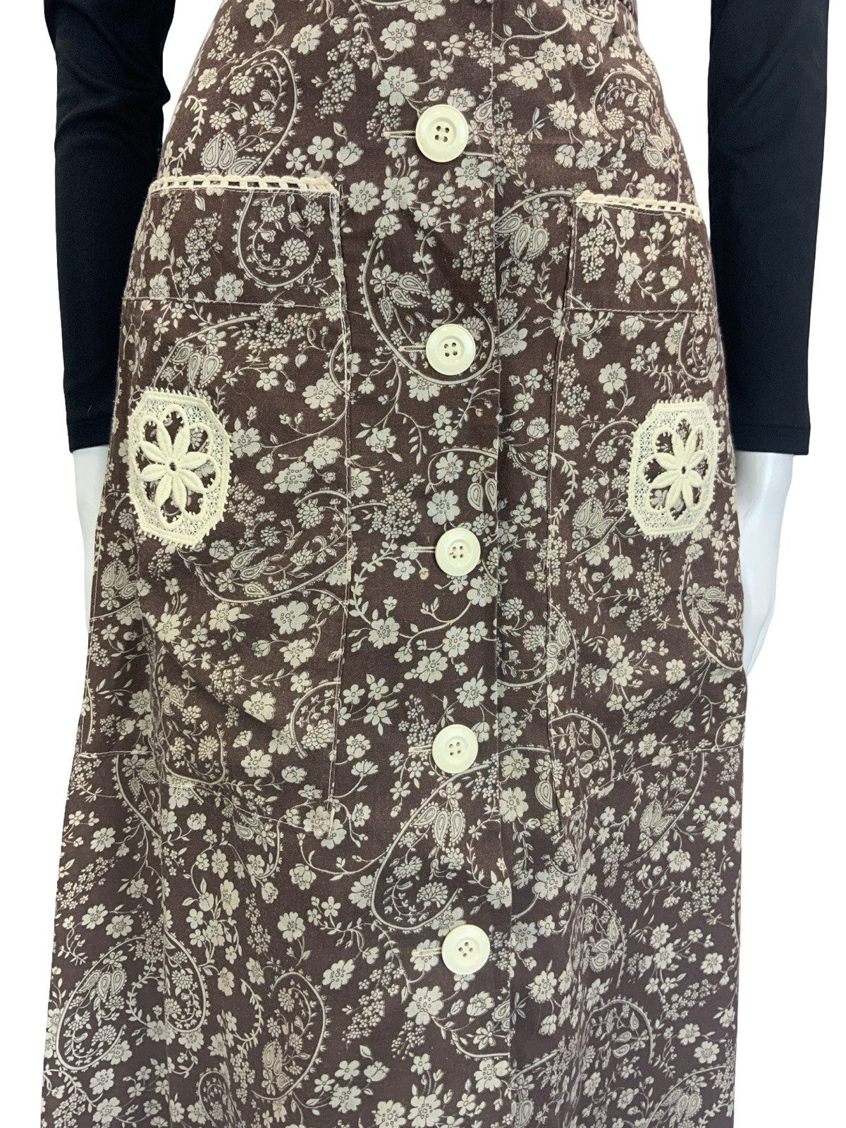 VTG 70S BROWN CREAM WHITE BOHO BETTY BARCLAY FLORAL SWIRL CROCHET MAXI SKIRT 6