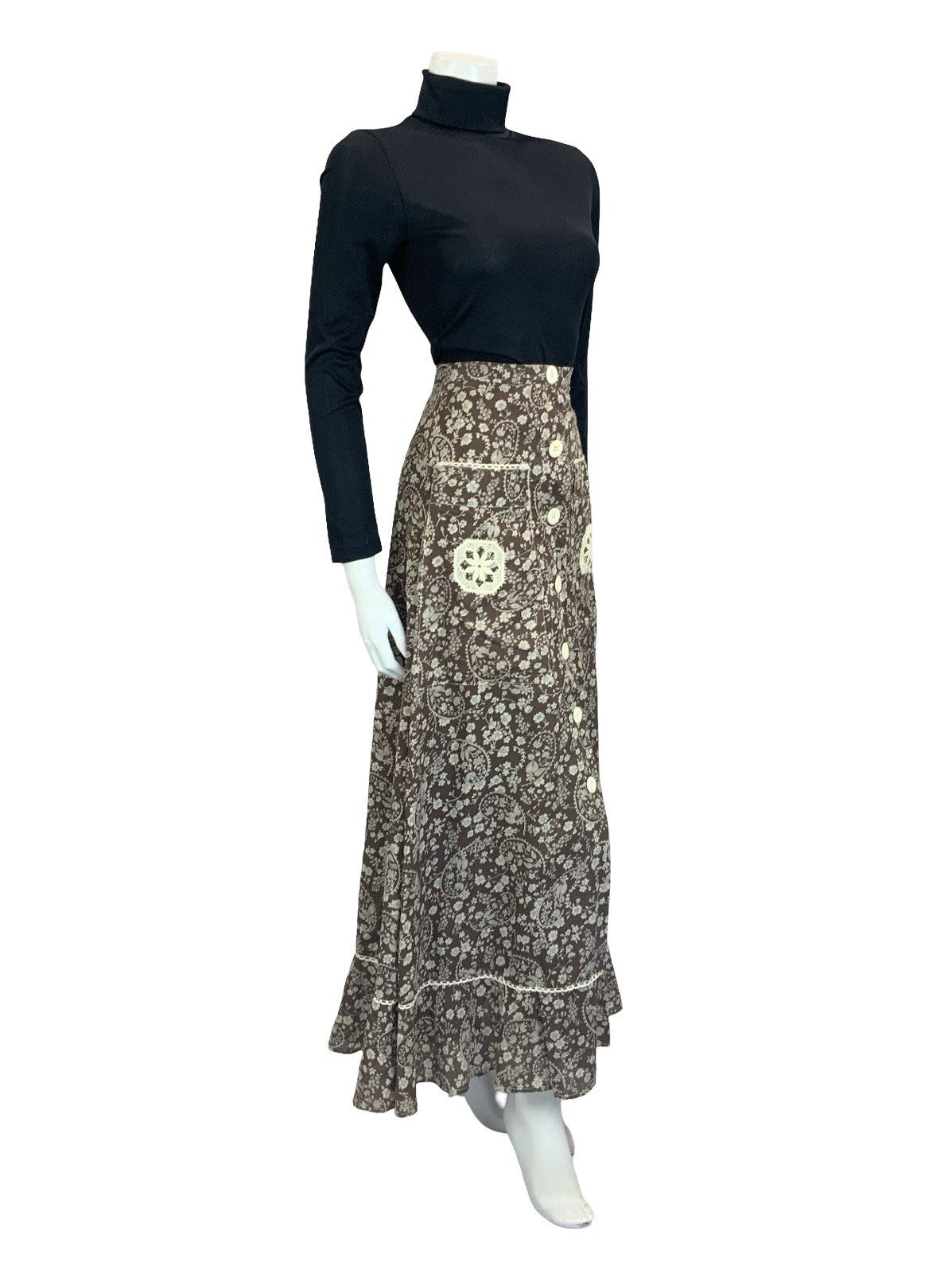 VTG 70S BROWN CREAM WHITE BOHO BETTY BARCLAY FLORAL SWIRL CROCHET MAXI SKIRT 6