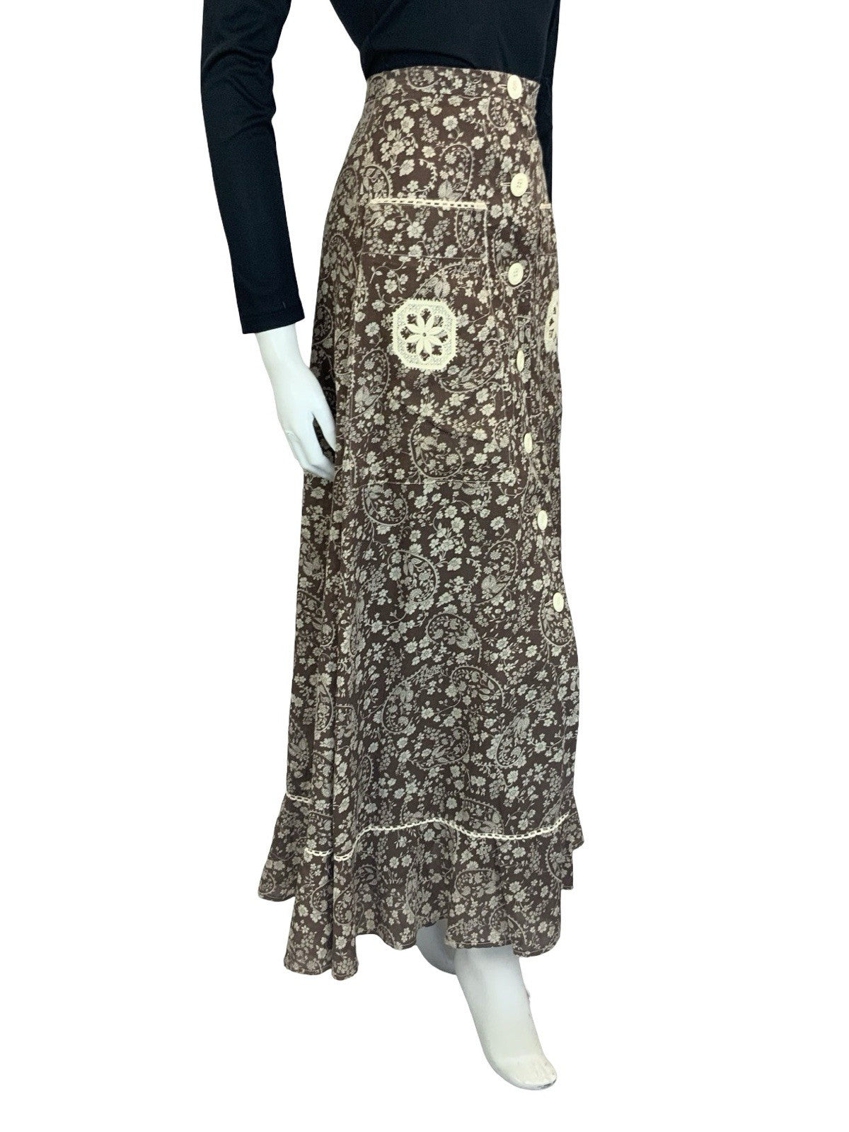 VTG 70S BROWN CREAM WHITE BOHO BETTY BARCLAY FLORAL SWIRL CROCHET MAXI SKIRT 6