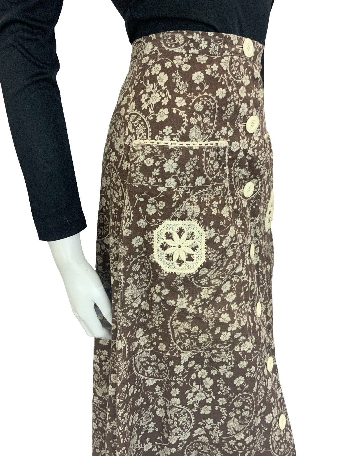 VTG 70S BROWN CREAM WHITE BOHO BETTY BARCLAY FLORAL SWIRL CROCHET MAXI SKIRT 6