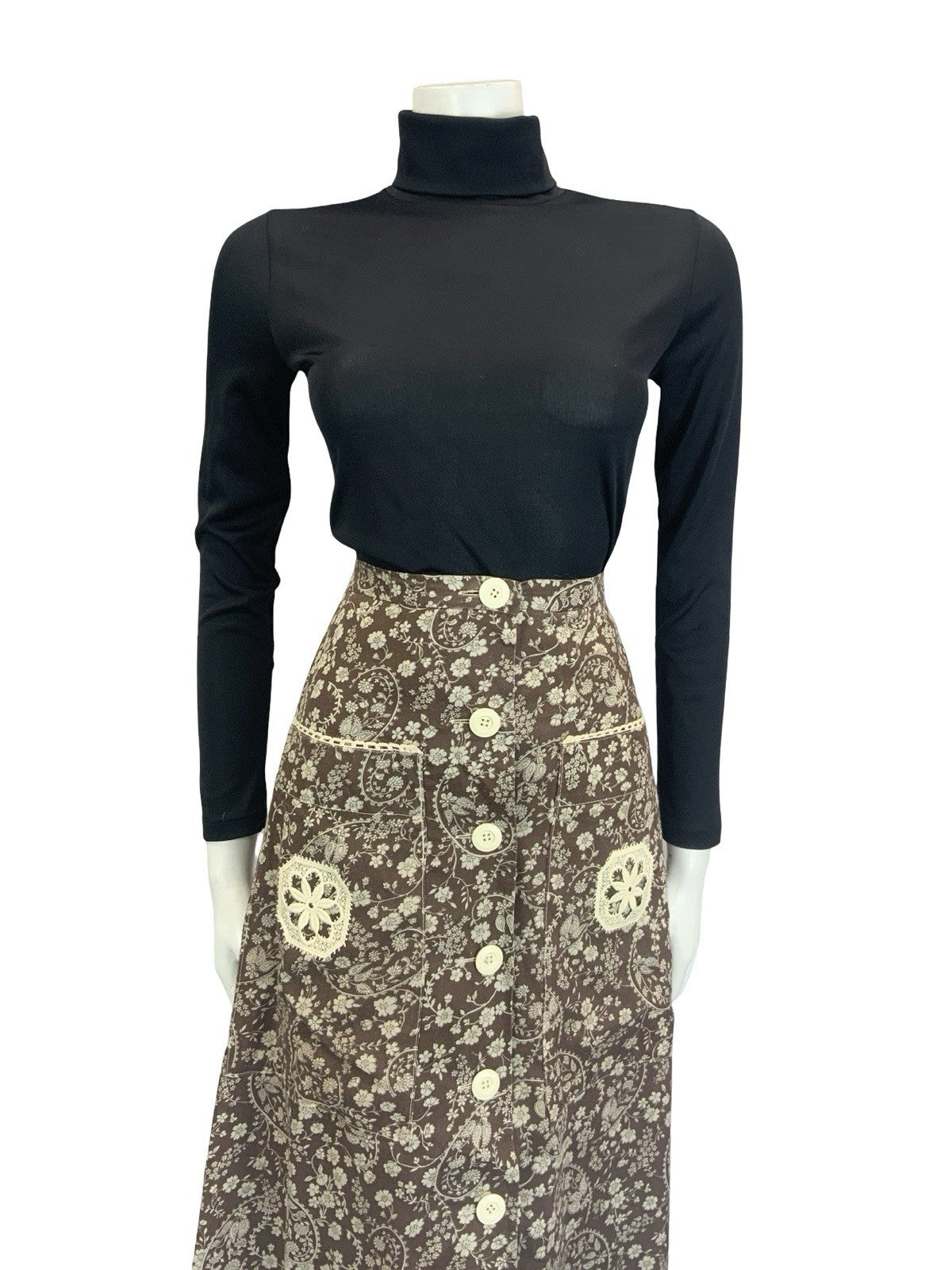 VTG 70S BROWN CREAM WHITE BOHO BETTY BARCLAY FLORAL SWIRL CROCHET MAXI SKIRT 6